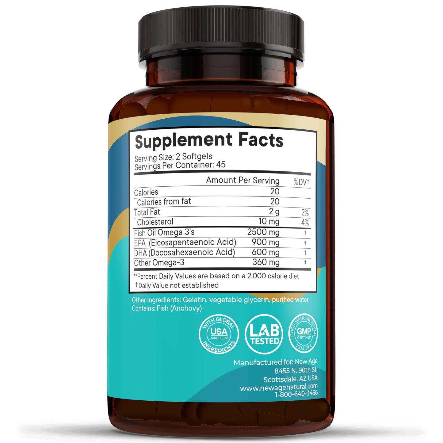 NEW AGE Omega 3 Fish Oil 2500mg Supplement Non GMO - EPA, DHA Fatty Acids Gluten Free (180 Softgels (Pack of 2)) NEW AGE buy supplements Au
