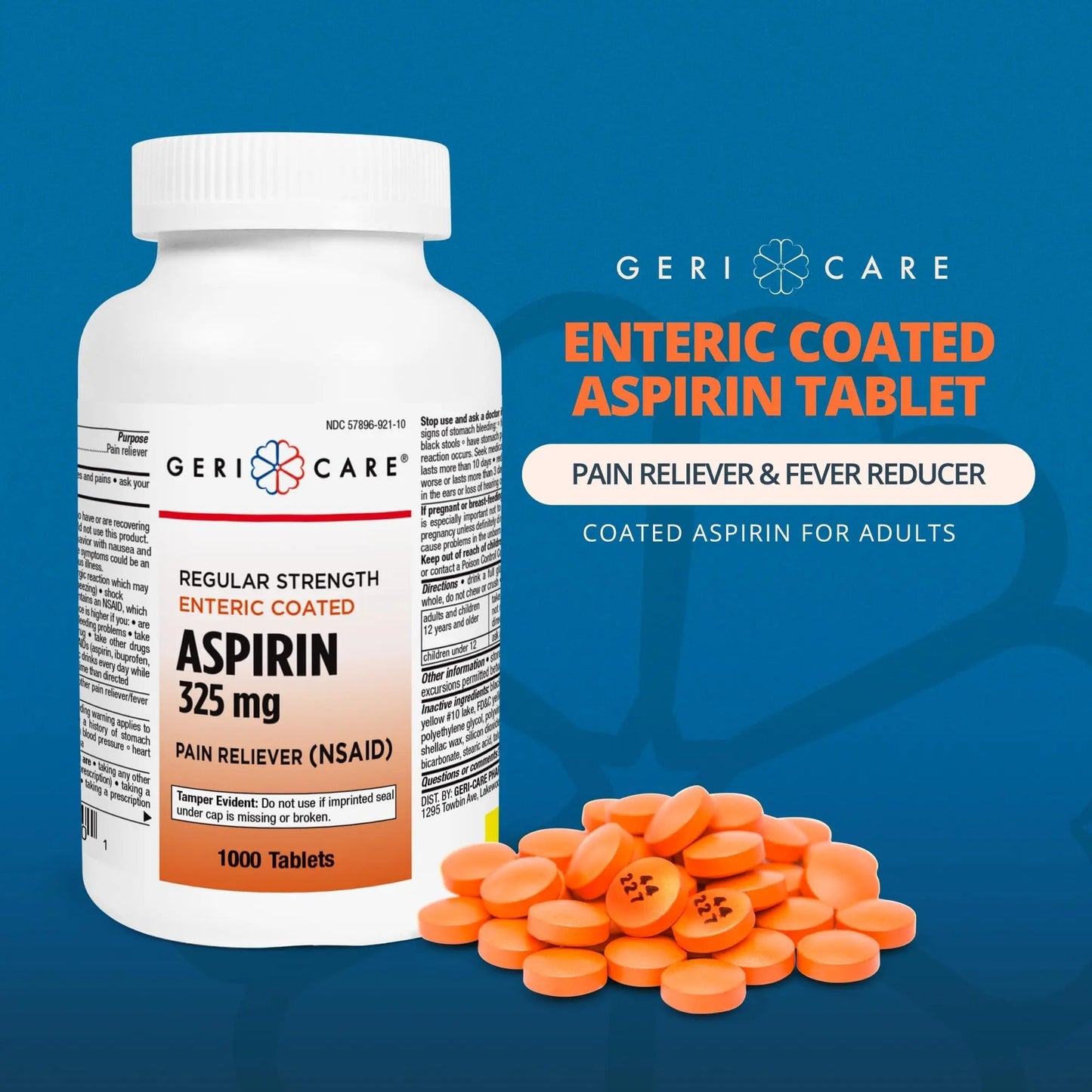 GeriCare Enteric Coated Aspirin Tablets 325mg (1000 Count) NSAID Pain Reliever & Fever Reducer for Adults- Regular Strength Aspirin for Headache Arthritis Menstrual & Muscle Pain GeriCareBuy Supplements Australia