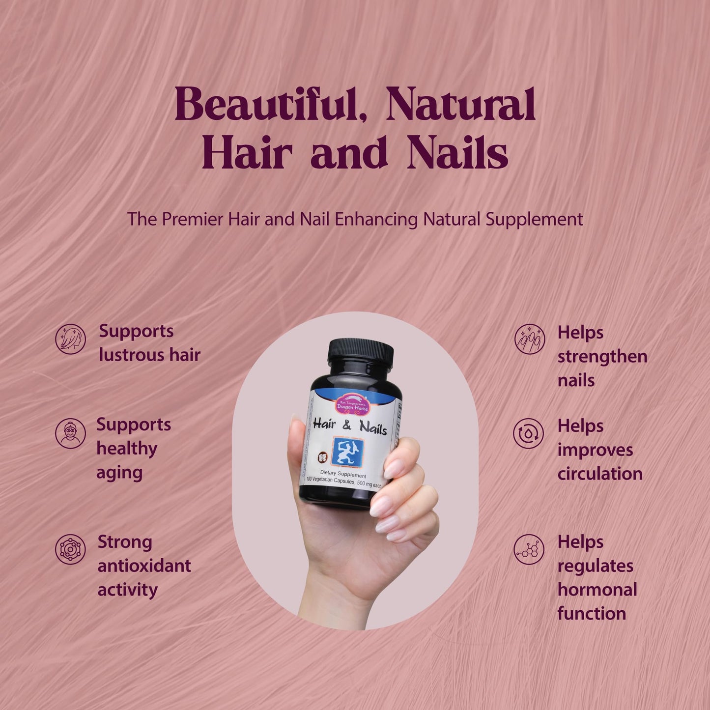 Dragon Herbs Hair and Nails | All Natural Supplement to Support Hair, Nails, Healthy Aging, and Circulation | All Natural Ingredients, Non-GMO (100 Capsules, 500 mg Per Capsule) Dragon HerbsBuy Supplements Australia