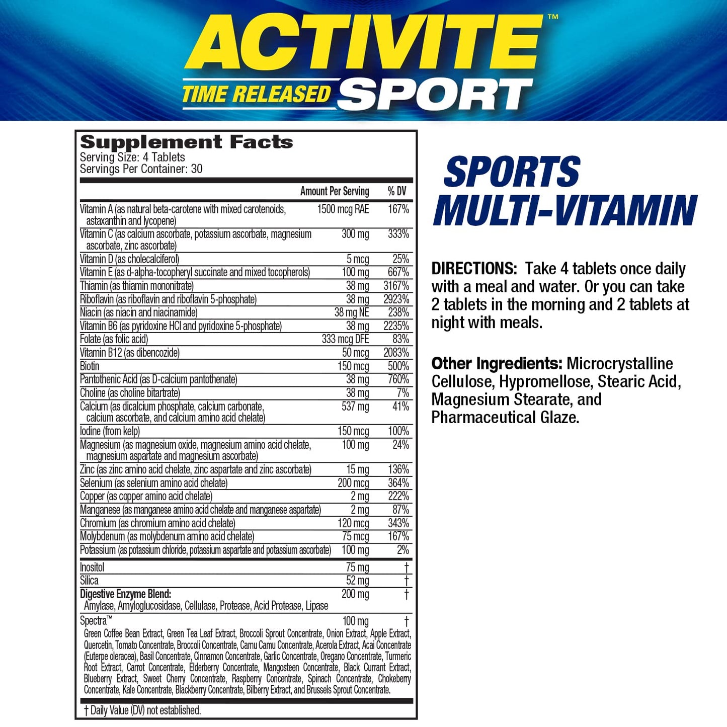 MHP Activite Sport Multi Vitamin, 25 Vitamins and Minerals, Nitric Oxide Booster, Digestive Enzymes, Antioxidants, 120 Tablets Maximum Human PerformanceBuy Supplements Australia