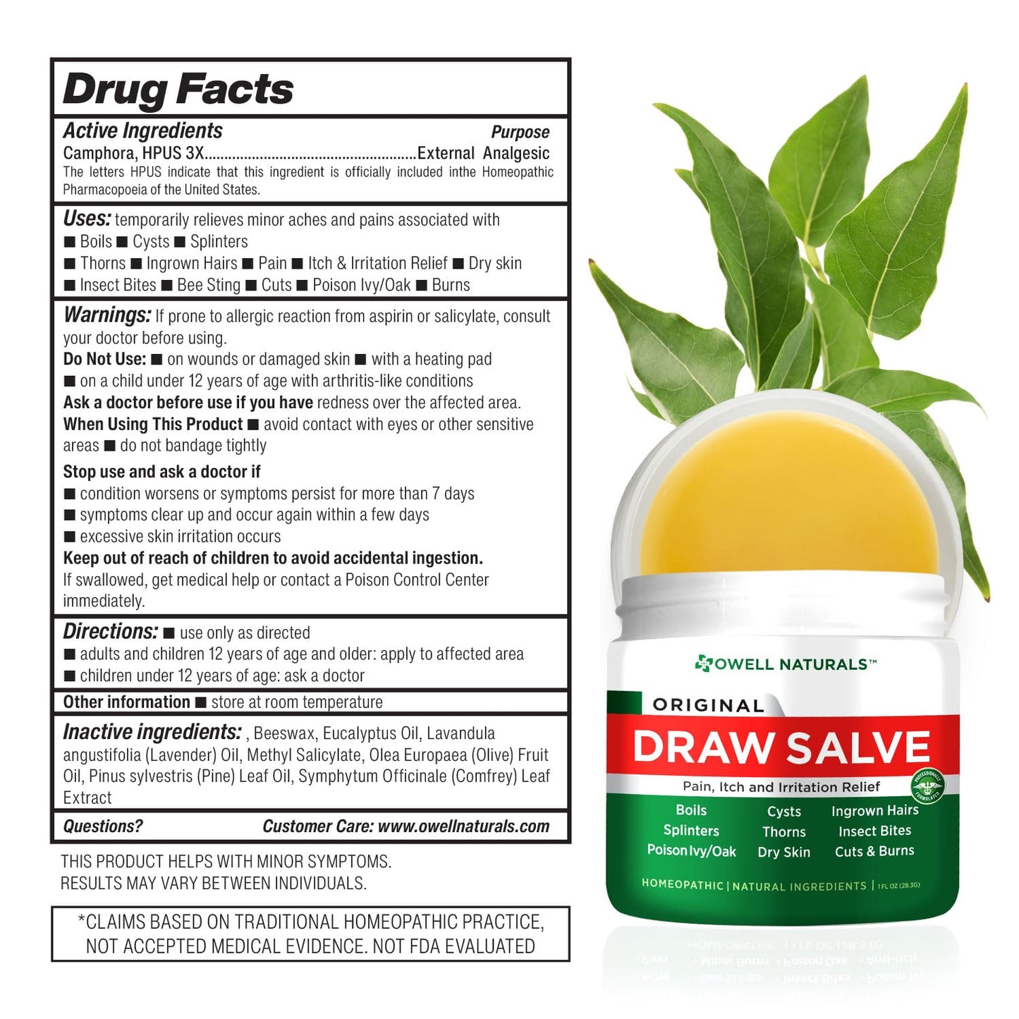 OWELL Naturals Drawing Salve Ointment for Boil & Cyst Removal, Deep Ingrown Hair, Splinter Remover, Bug Spider Bites, Bee Sting, Mosquito Itching, Poison Ivy