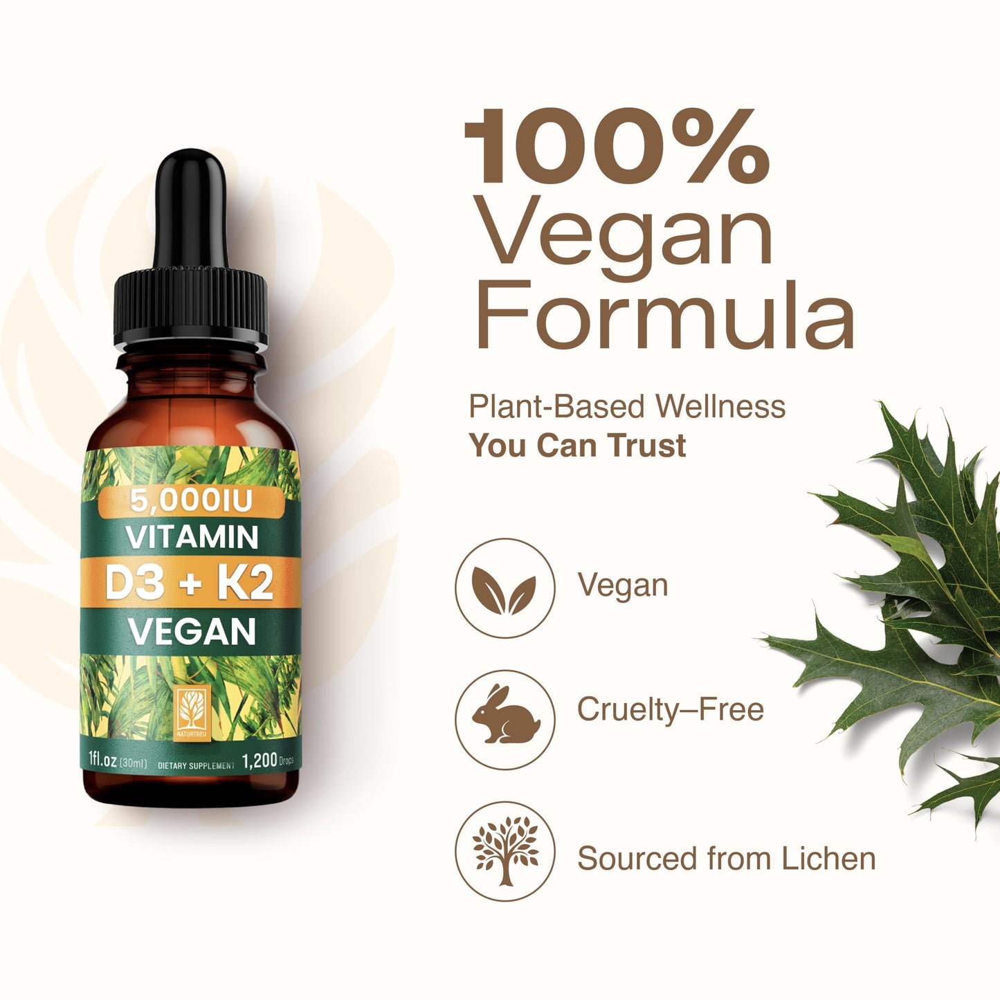 NATURTREU Vegan Vitamin D3 K2 Liquid Drops with MCT Oil for Adults (240 Servings) - Liquid Vitamin D K2 MK7 - All Natural, Non-GMO & Dr Formulated with 3X More Absorption - Third-Party Tested NATURTREUBuy Supplements Australia