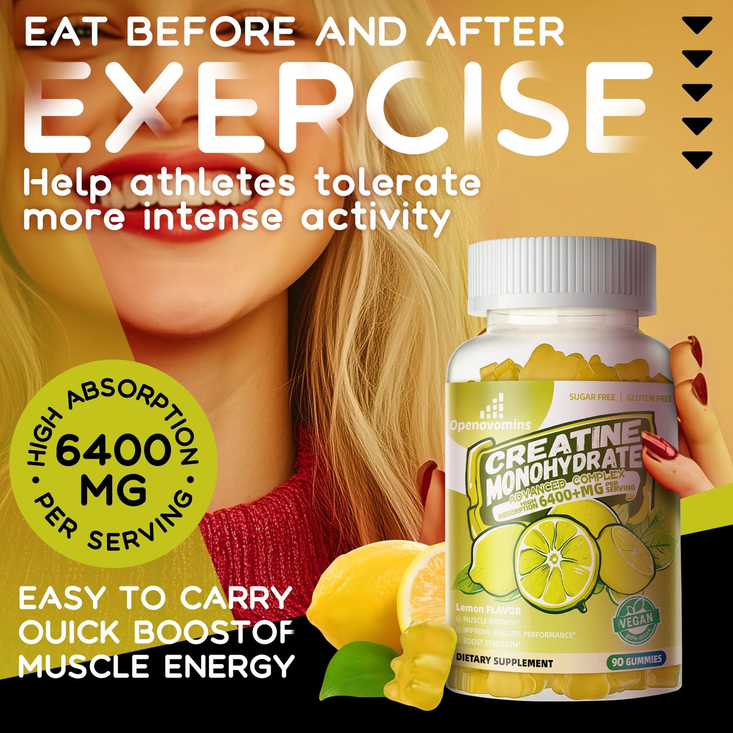 Creatine Monohydrate Gummies Complex for Men & Women -Advanced Formula W/L-Taurine + Vitamin B12, Sugar Free Chewable Supplement,90 Lemon Gummies Openovomins buy supplements Au