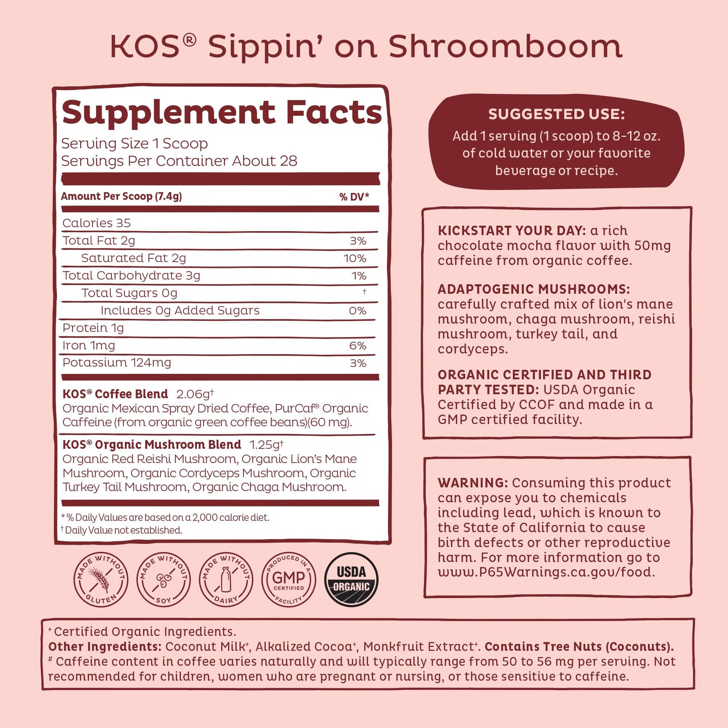 KOS Mushroom Coffee - USDA Certified Organic - Dark Chocolate Mocha Flavor - Mushroom Coffee Latte Powder with Reishi, Cordyceps, Lion's Mane, Chaga & Turkey Tail Mushrooms KOS buy supplements Au