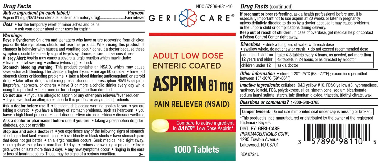 Low dose Baby Aspirin 81mg for Adults. (NSAID) | Made in USA | (Value Pack 1,000 Enteric Coated Tablets) MedRiteBuy Supplements Australia