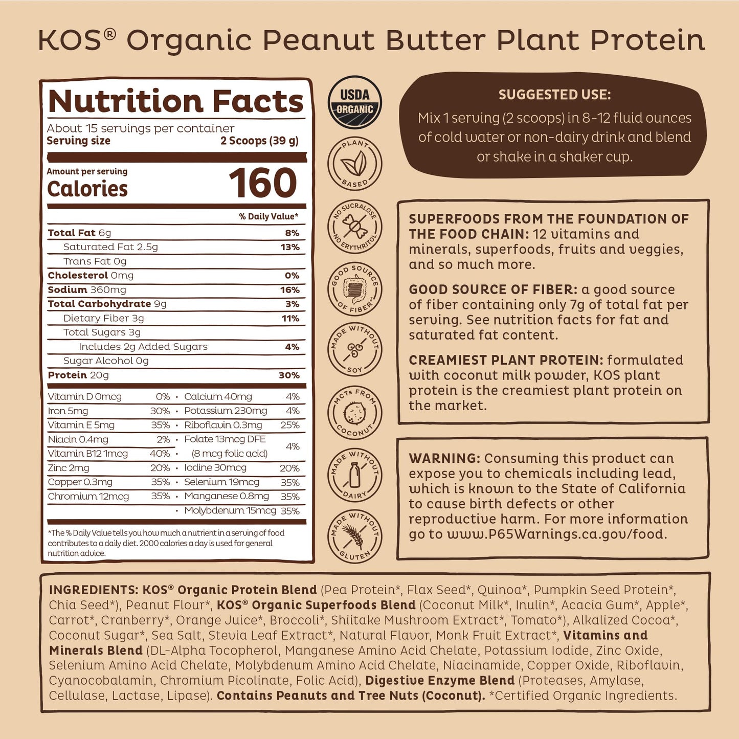KOS Organic Plant Based Protein Powder, Chocolate Peanut Butter - Delicious Vegan Protein Powder - Keto Friendly, Gluten Free, Dairy Free & Soy Free - 15 Servings KOS buy supplements Au