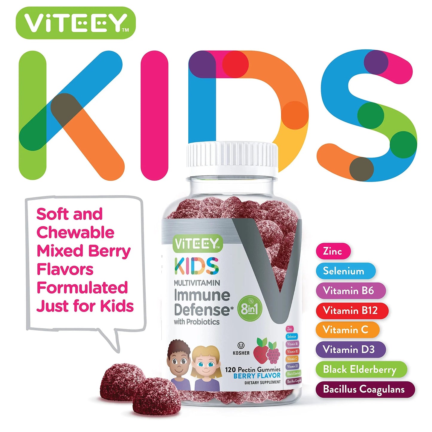 Viteey Kids Multivitamin Gummies with Probiotics - 8-1 Kids Vitamins for Immune Health Support with Vitamin C, D3, B12, B6 Viteey