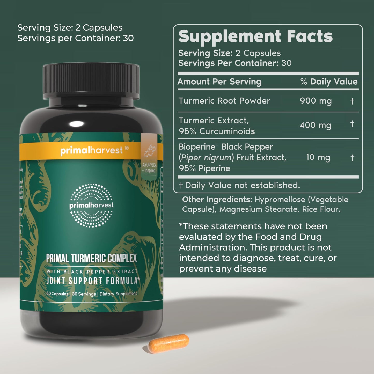 Primal Harvest 1 Pack, Primal Turmeric Complex w/Black Pepper Extract, Joint and Mobility Support Turmeric Supplement for Women & Men, 60 Capsules Primal HarvestBuy Supplements Australia