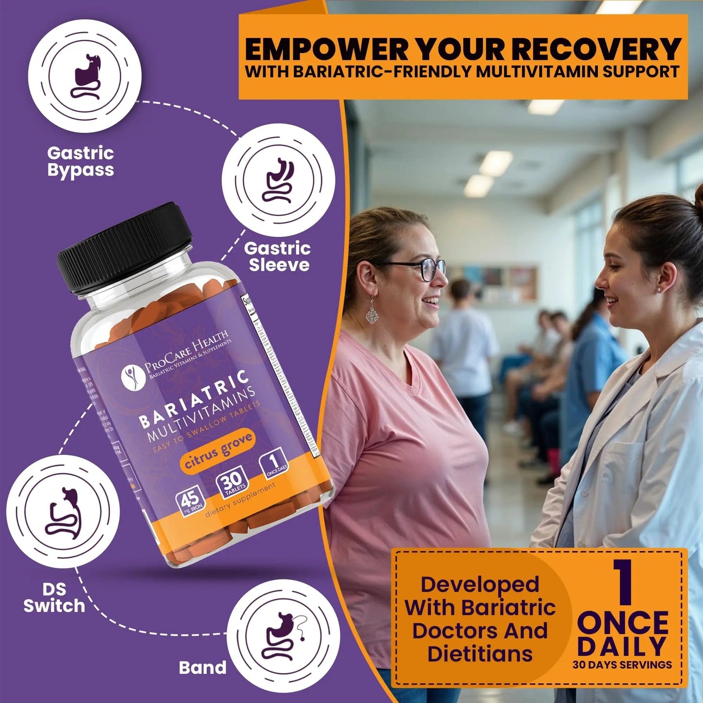 Procare Health Bariatric Multivitamin with Iron 45mg Easy to Swallow 30 Tablets - Post Op Bariatric Vitamins for Gastric Bypass Pills ProCare Health