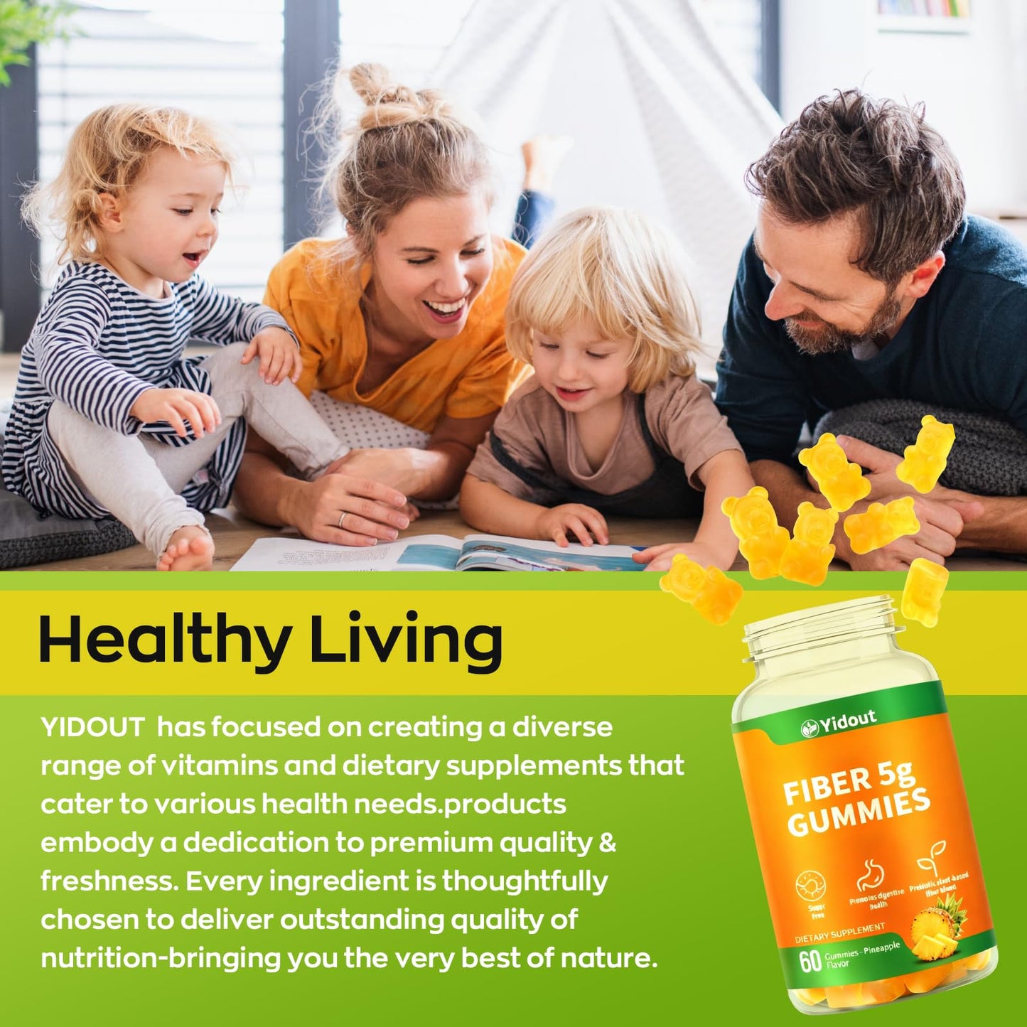 Yidout Fiber Gummies for Adults with Probiotics,No Sugar Added Pineapple Flavor, Promotes Gut Health and Regulate Bowel Movement, Vegan (60 Count(Pack of 1))