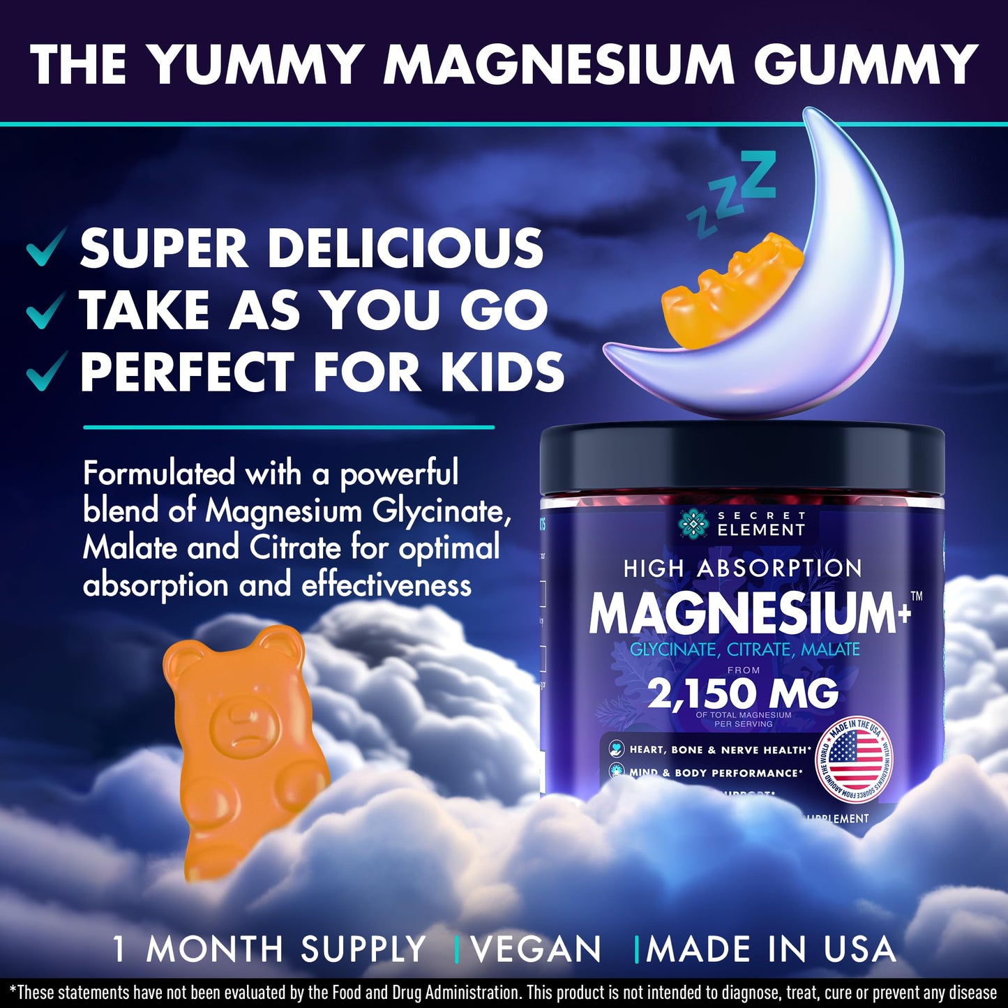 Magnesium Glycinate 2150MG Gummies for Women and Men, High Absorption Magnesium Glycinate, Citrate, Malate, Sugar Free, Vegan, 60 Chews, Pack of 2, Orange Secret ElementBuy Supplements Australia