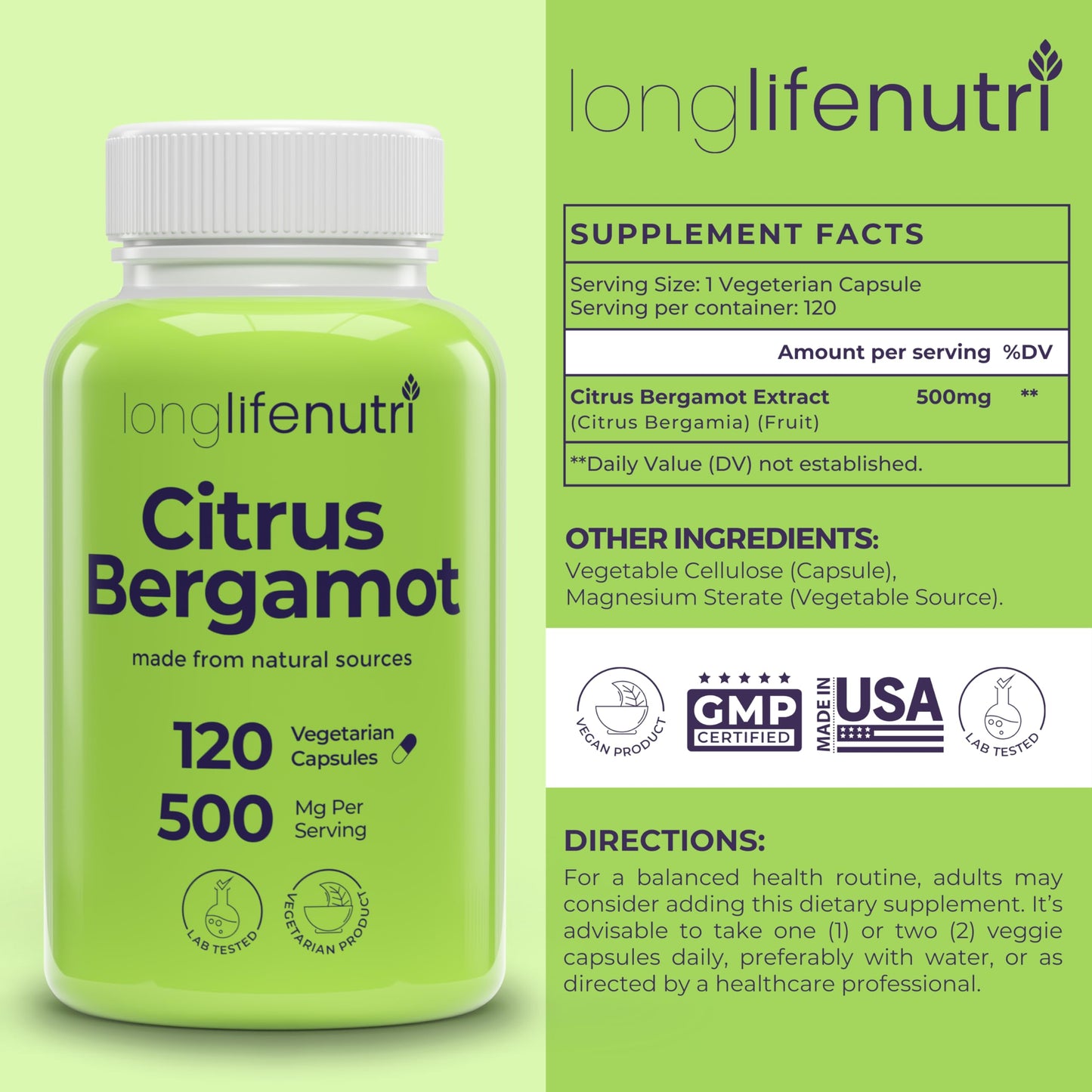 LongLifeNutri Citrus Bergamot Extract 500mg - 120 Vegetarian Capsules, 40% Polyphenolic Flavanones, 4-Month Supply, Plant-Based Anti-Oxidant, Tested, Made in USA LongLifeNutriBuy Supplements Australia