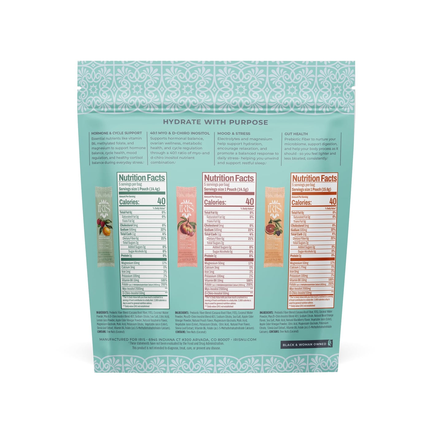 Iris Women’s Hormonal Health Daily Electrolyte Drink Mix | High Fiber, Essential B Vitamins for Mood Support | 40:1 Myo & D‑Chiro Inositol | Variety Pack,
