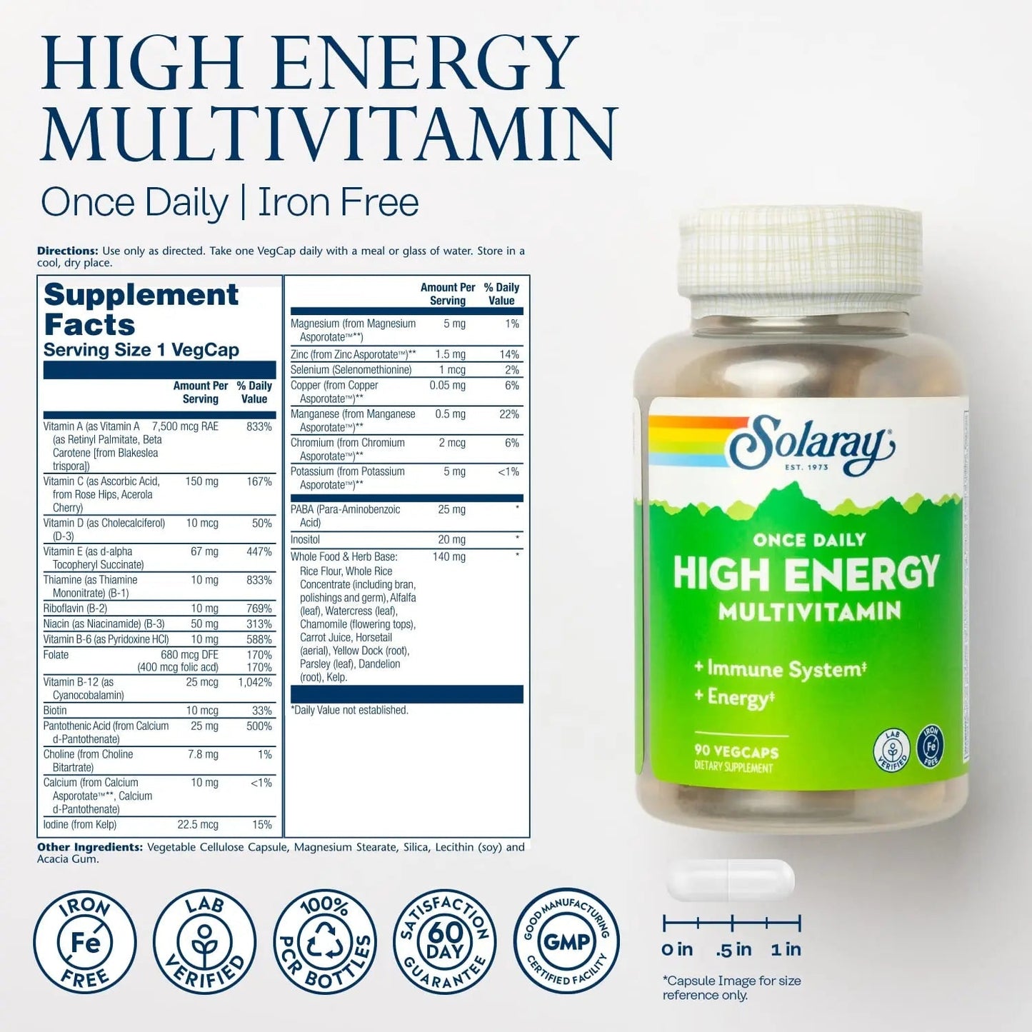 SOLARAY Once Daily High Energy Multivitamin, Iron Free, Immune System and Energy Support, Whole Food and Herb Base Ingredients SOLARAY