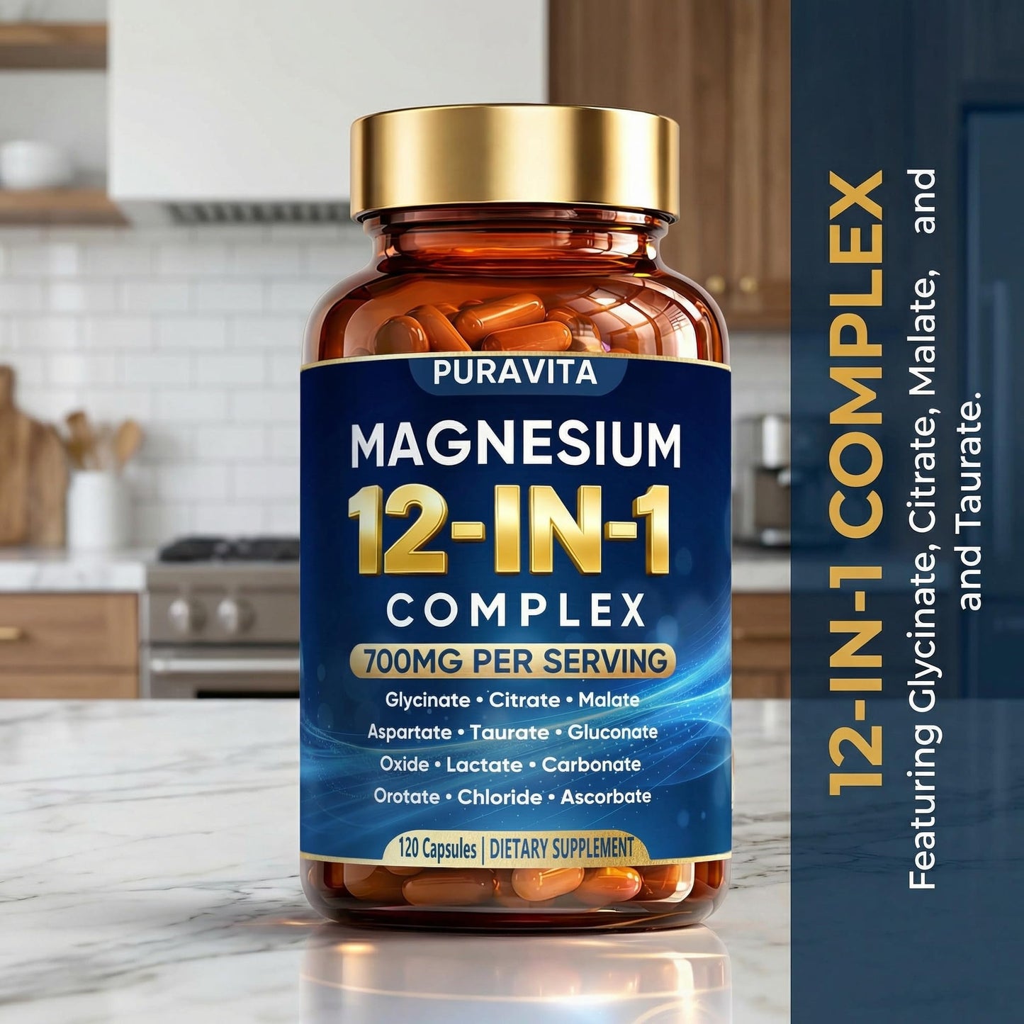 Puravita 12 in 1 Magnesium Complex Capsules - 700mg High Absorption Blend with Glycinate, Citrate, Malate, Oxide & Taurate. Supports Muscle Function, Nerve Health & Relaxation - 120 Capsules (1) PURAVITA buy supplements Au