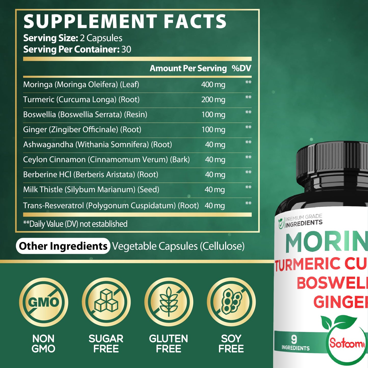 Satoomi 9in1 Moringa Capsules - Featuring Moringa, Turmeric, Boswellia, Ginger, Ashwagandha, Ceylon Cinnamon and Milk Thistle, and Resveratrol | Support Mood, Heart & Overall Health - 60 Count Satoomi buy supplements Au