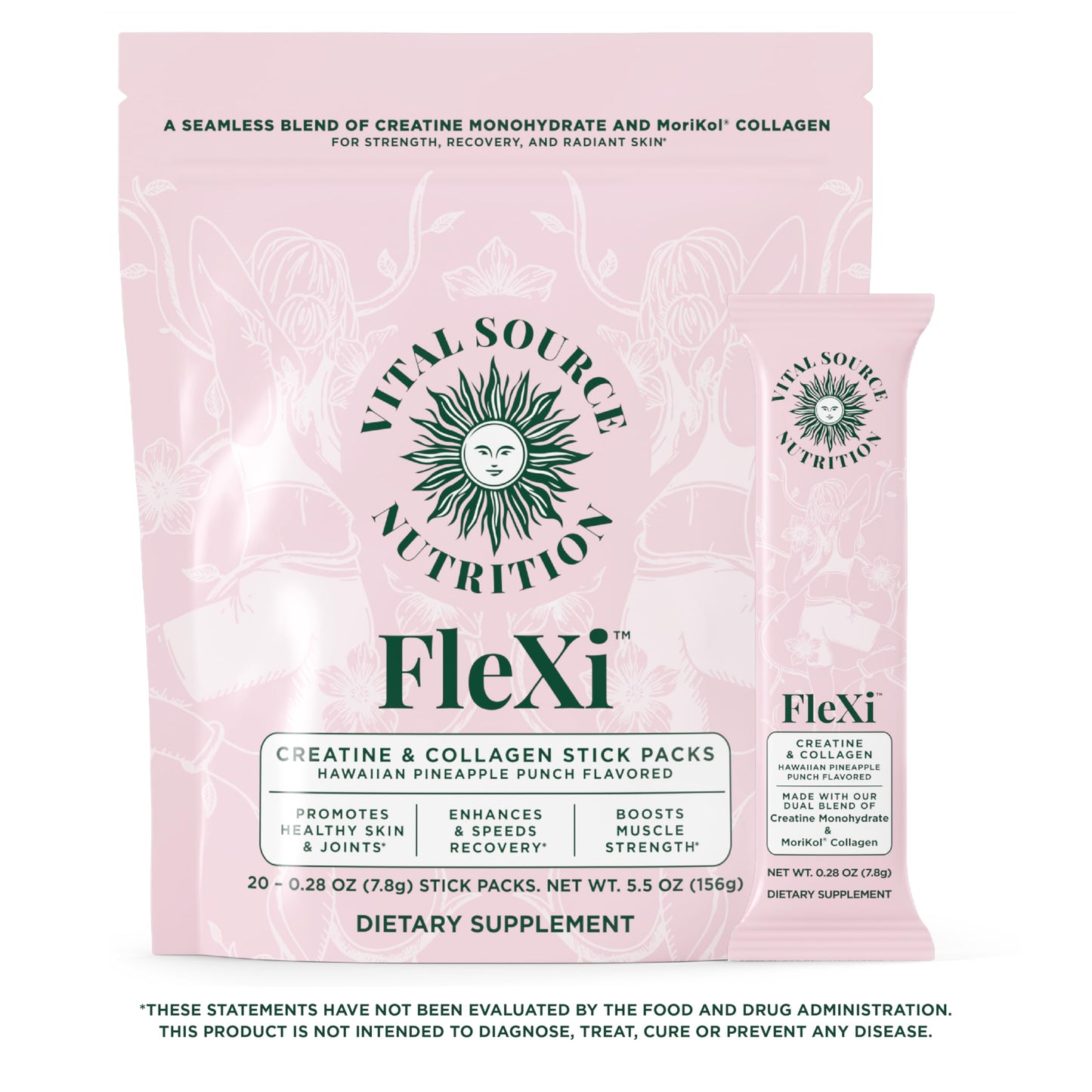 Vital Source Nutrition - Flexi - Creatine & Collagen Stick Packs - 5g Creatine Monohydrate + 1g MoriKol Collagen -Supports Strength, Recovery & Skin Health -20 Servings