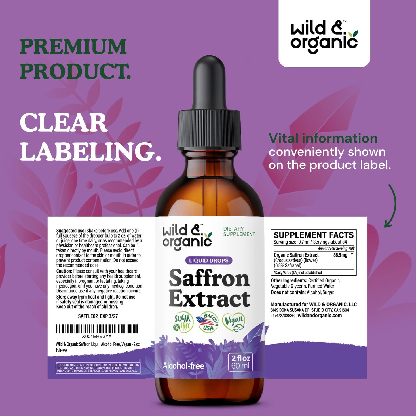 Wild & Organic Saffron Supplements 88.5 mg - Mood, Brain & Vision Support - Liquid Saffron Drops - Add to Tea - Crocus Sativus Herb Extract - Vegan, Sugar & Alcohol-Free Tincture - 2 fl oz