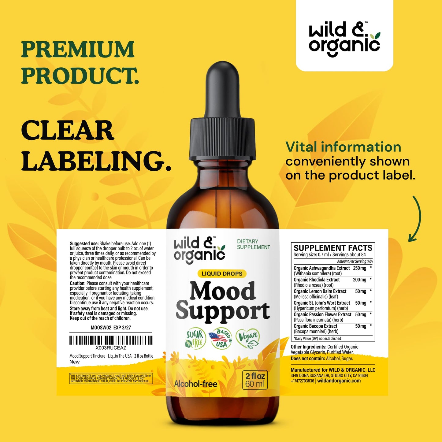 Wild & Organic Mood Support Drops - Good Mood Supplements w/Ashwagandha Root & Rhodiola Rosea - Natural Liquid Drops for Positive Energy - Calm and Relax Supplements for Women and Men - 2 oz