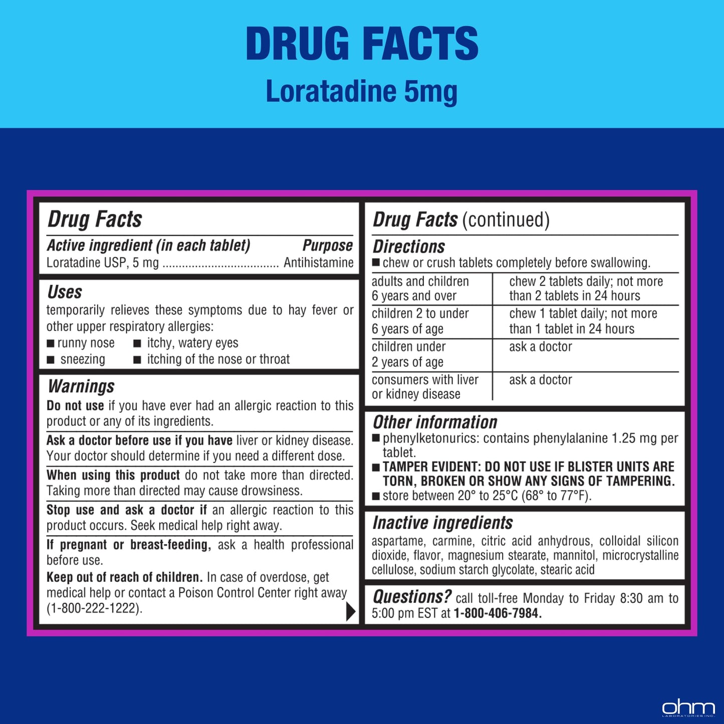 Ohm Children's Allergy Medicine, Loratadine 5mg, Chewable Tablets (30 Count) Bubblegum Flavor, Non-Drowsy Antihistamine, 24-Hour Allergy Relief for Runny Nose, Watery Eyes, Itchy Throat & Nose
