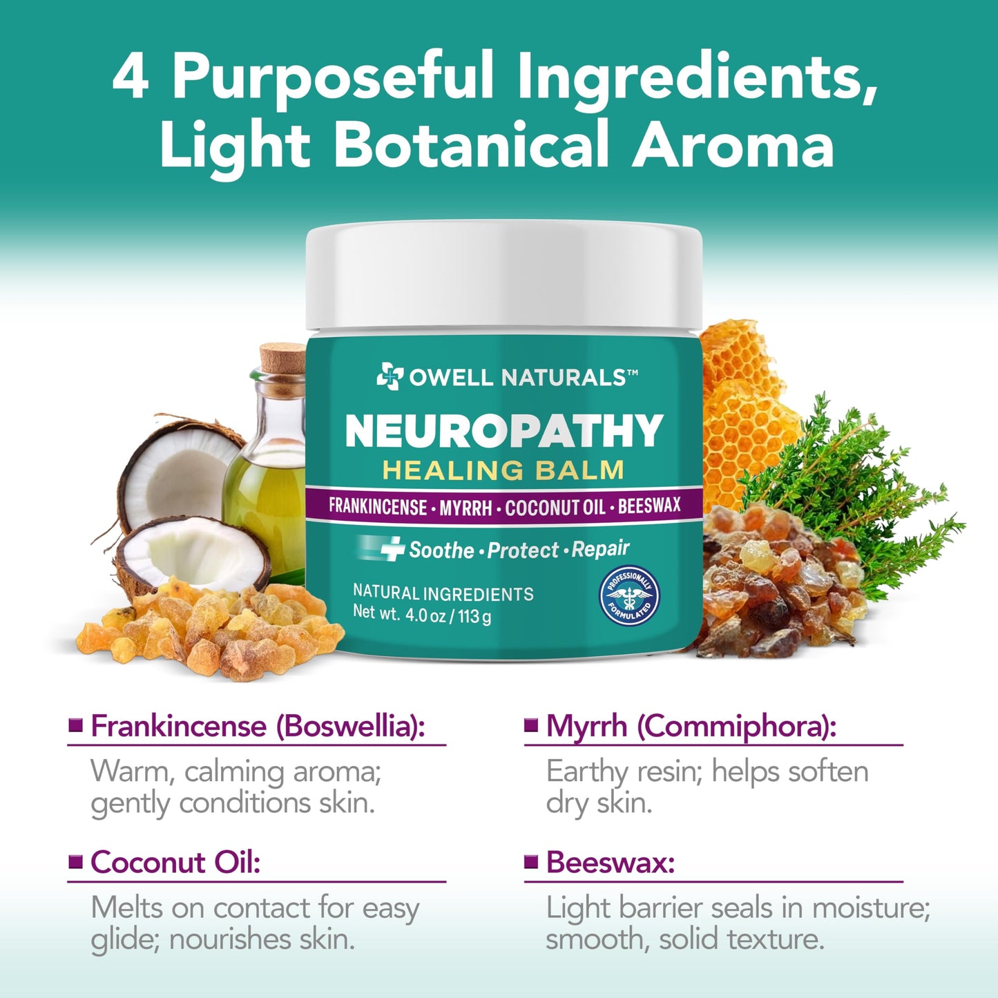 OWELL NATURALS Neuropathy Healing Balm, Fast Acting, with Frankincense, Myrrh, Coconut Oil & Beeswax, Natural Ingredients – Soothe, Protect & Repair, 4 oz (Pack of 1) Owell NaturalsBuy Supplements Australia