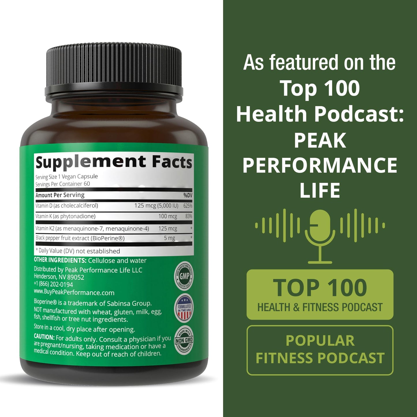 Peak Performance Advanced Vitamin D 5000 IU with All 3 Types of Vitamin K Vitamin D3 and Vitamin K2, K1, MK-7 (MK7), MK4 Supplement