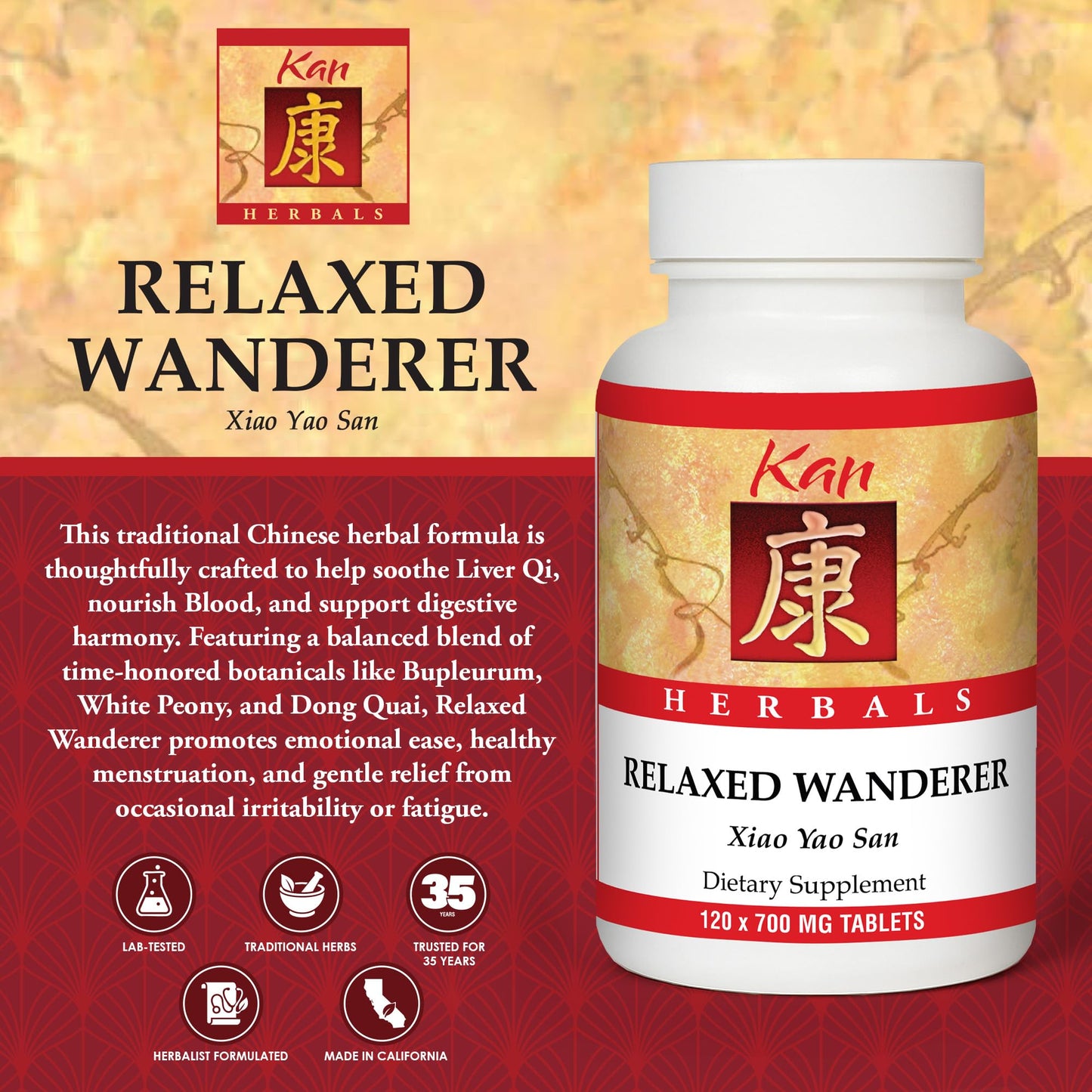 Kan Herbs Company Relaxed Wanderer – Traditional Chinese Herbal Formula to Support Mood, Digestion, and Menstrual Balance, Nourishes Blood, Eases Occasional Tension and Fatigue, 120 Tablets Kan HerbBuy Supplements Australia