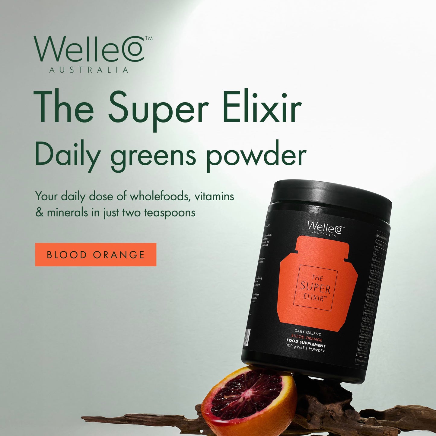 WelleCo The Super Elixir Daily Greens Powder, Probiotic Drink Mix with Whole Foods, Gluten Free, Vegan Gut Health Powder, Energy, Immunity, Healthy Skin, Hair & Nails (Jar, Blood Orange) WelleCoBuy Supplements Australia