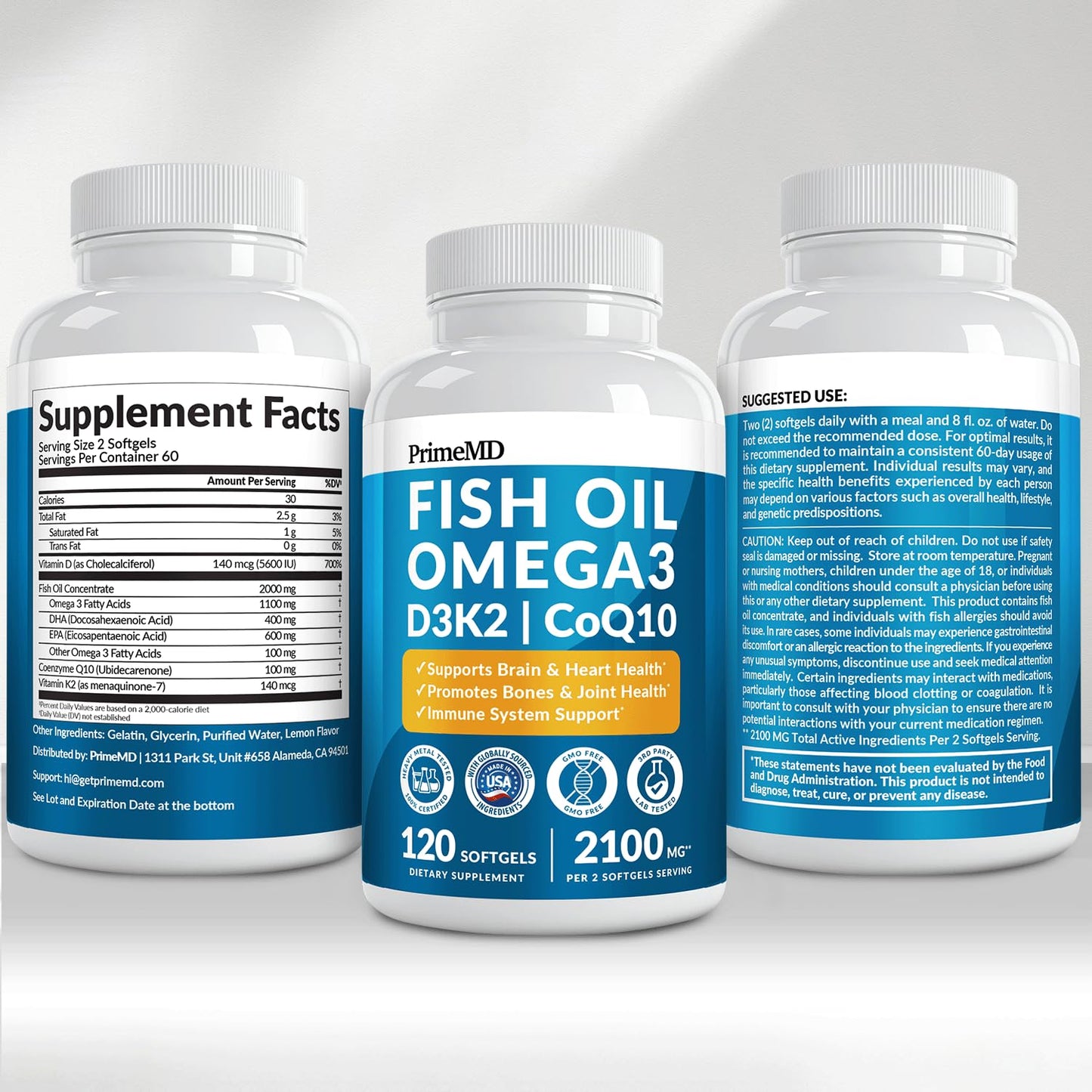 4-in-1 Fish Oil Omega 3 Fatty Supplements (2100mg) - Omega 3 Fish Oil with Vitamins D3 K2 and CoQ10 - Lemon Flavored (120 softgels) PrimeMD buy supplements Au