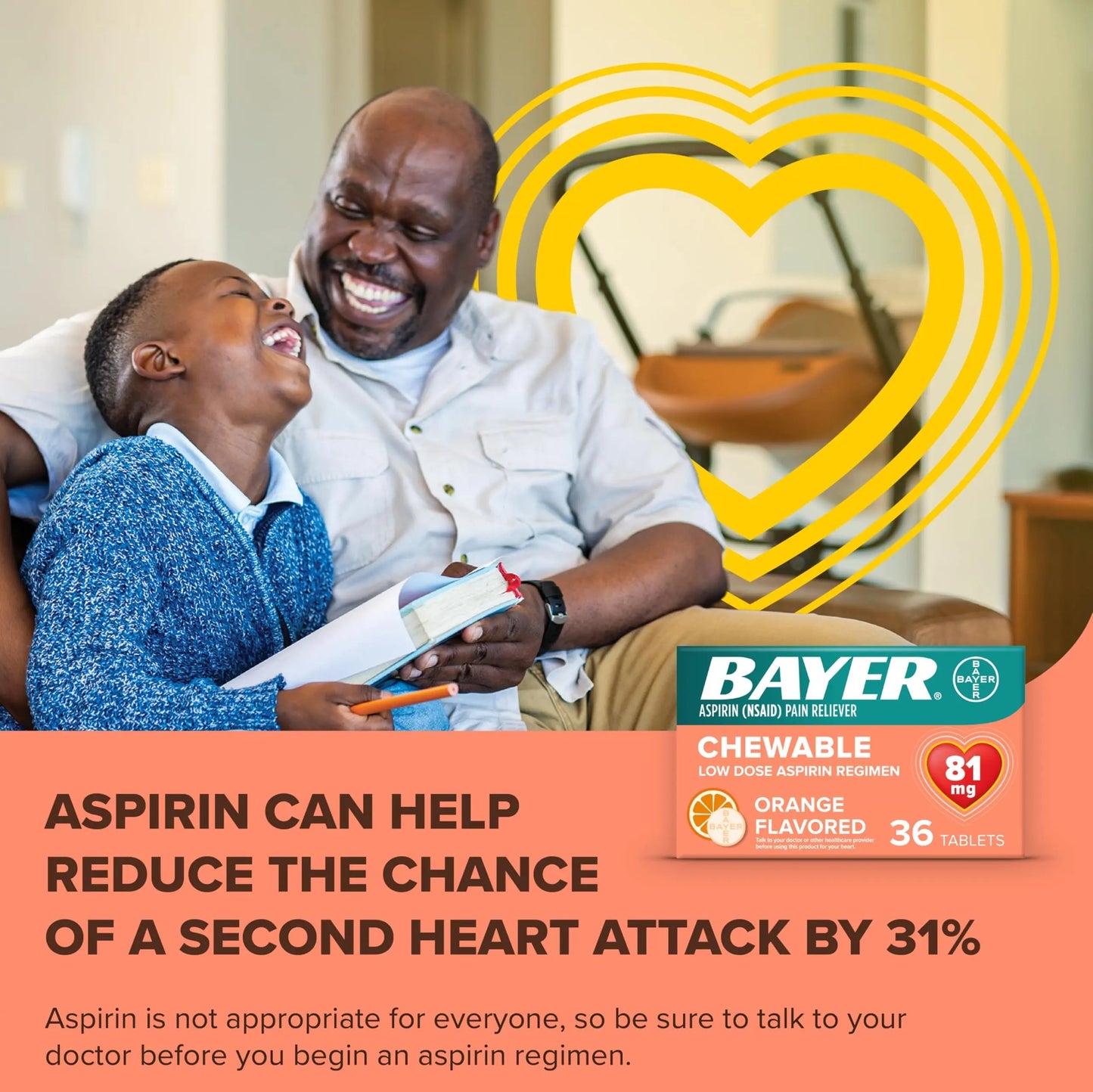 Bayer Aspirin Low Dose 81 mg Chewable Tablets, Pain Reliever, Orange Flavored, 216 Tablets (6 Pack) BayerBuy Supplements Australia