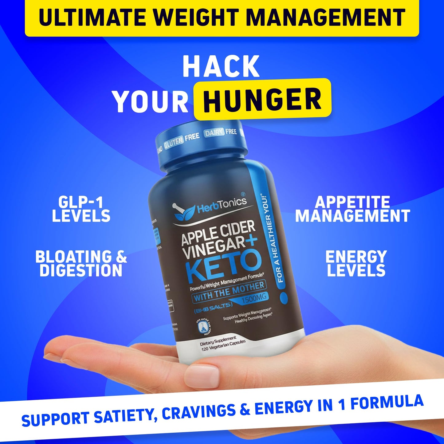 Herbtonics Apple Cider Vinegar + Keto BHB Capsules | Support for Appetite, Cravings & Weight Management | Metabolism Support with Satiety Support