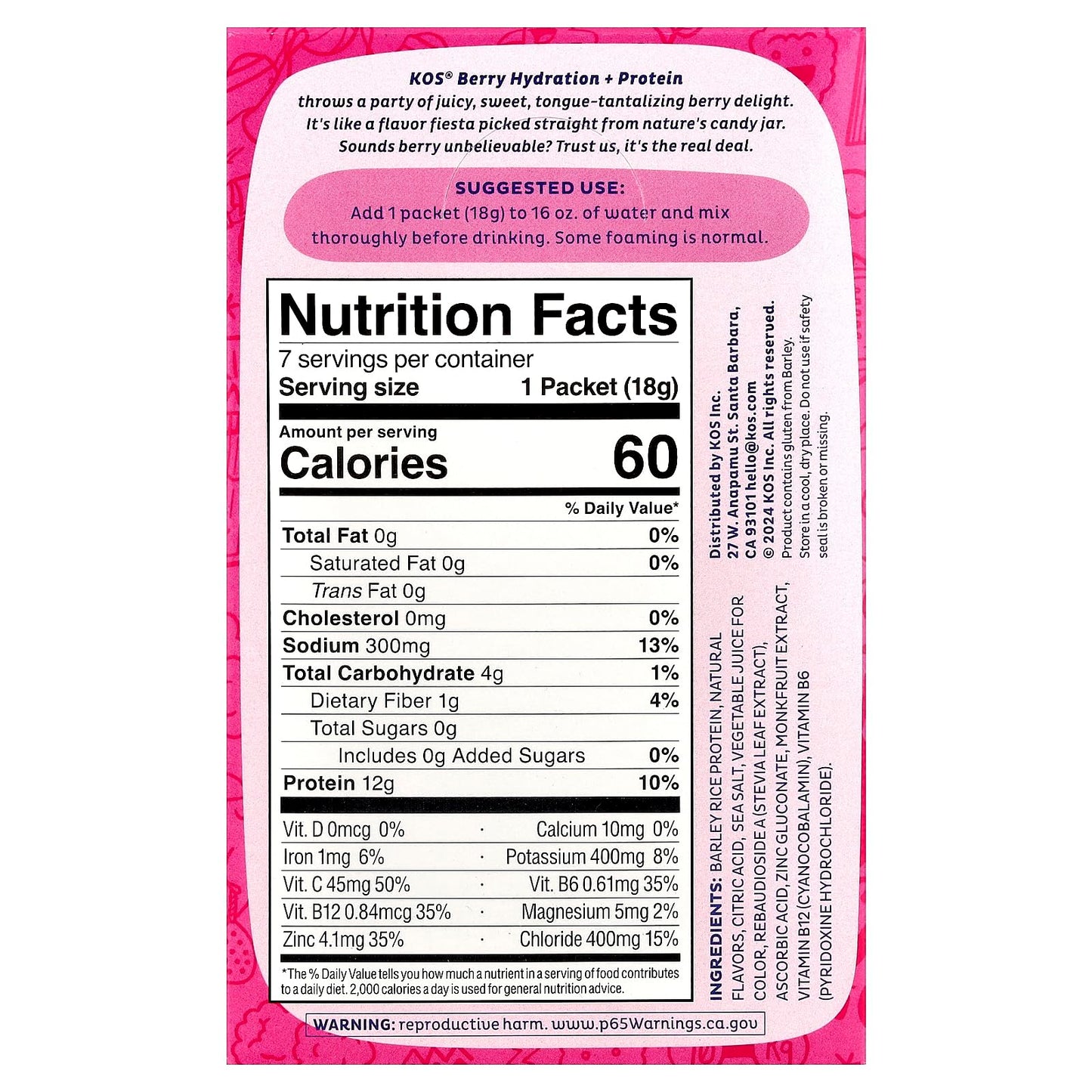 Kos Berry Hydration Protein 7ct, 0.65 OZ KOS buy supplements Au