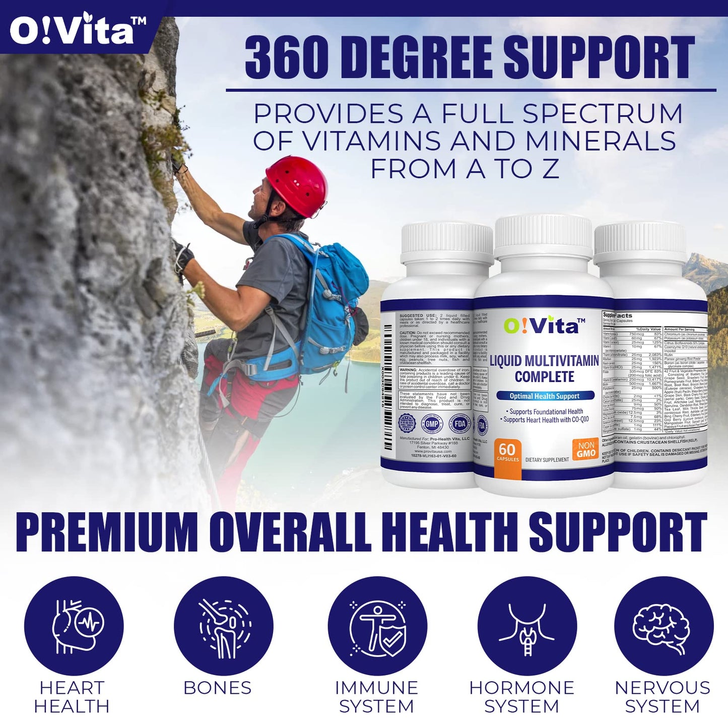 O!VITA Liquid Multivitamin Complete, with a Full Spectrum of Vitamins and Minerals, Plus 42 Fruits and Vegetable Proprietary Blend, Easy Absorption (60 Vegan Liquid Filled Capsules) O!VITABuy Supplements Australia