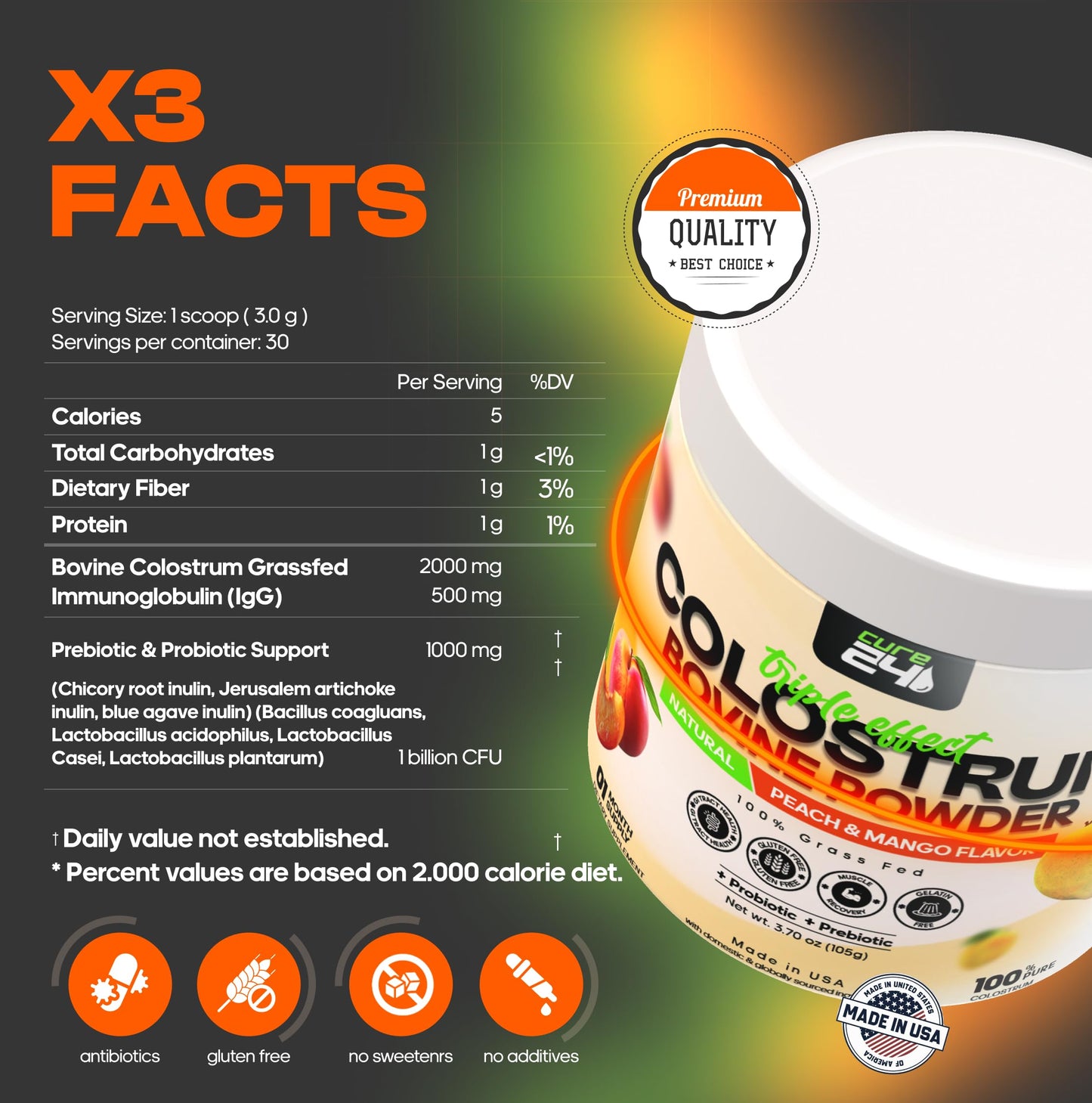 Cure24 Bovine X3 Colostrum Supplement Powder for Humans, 100% Pure Whole Natural Grass Fed Superfood, High IgG, Plus Probiotic & Prebiotic, Natural Peach-Mango Flavor, Made in USA Cure24 buy supplements Au