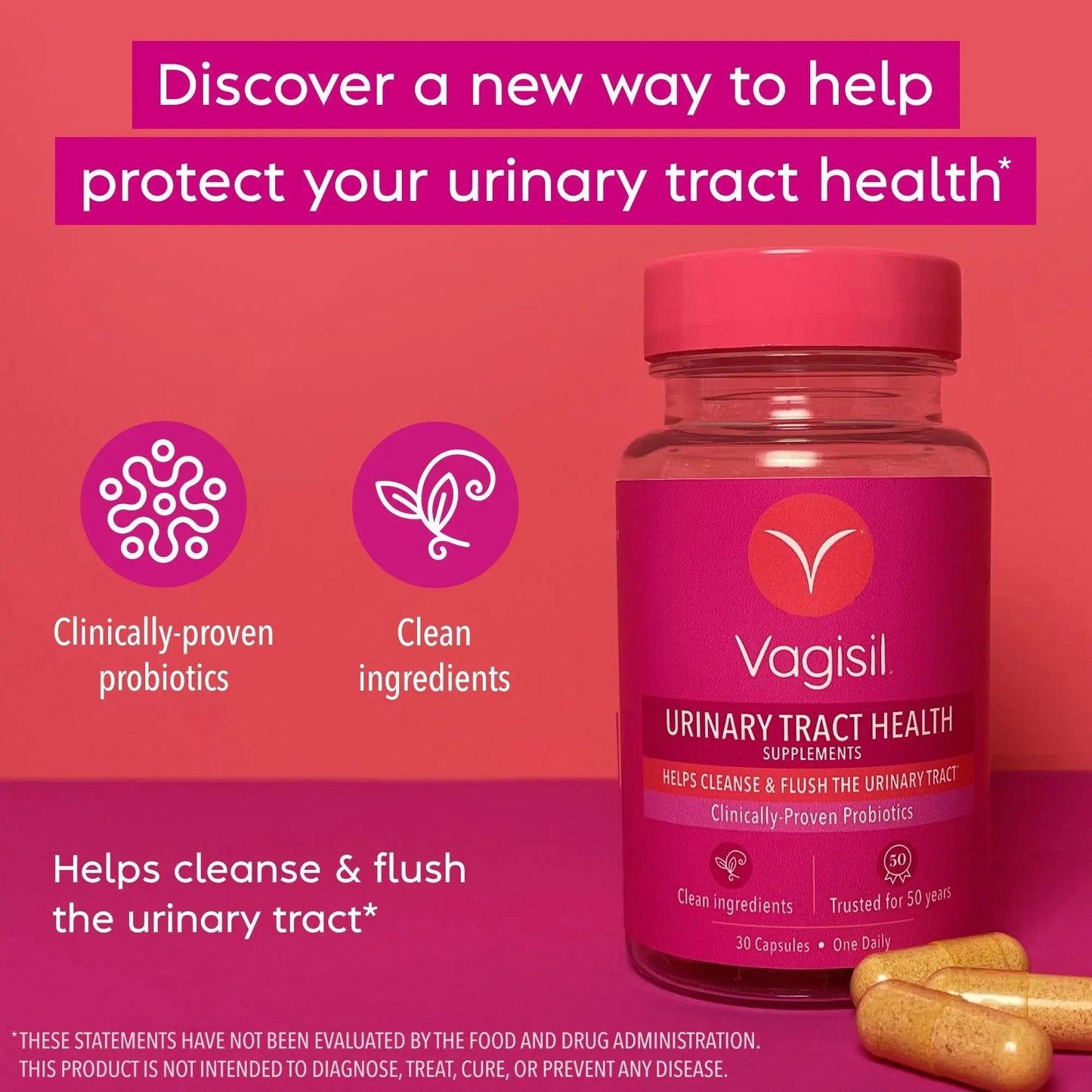 Vagisil Urinary Tract Health Supplements, Clinically-Proven Probiotics, Protects Urinary Tract Health, Clean Ingredients, Helps Cleanse and Flush UTI-Causing Bacteria, 1 Capsule Daily, 30 Capsules VagisilBuy Supplements Australia