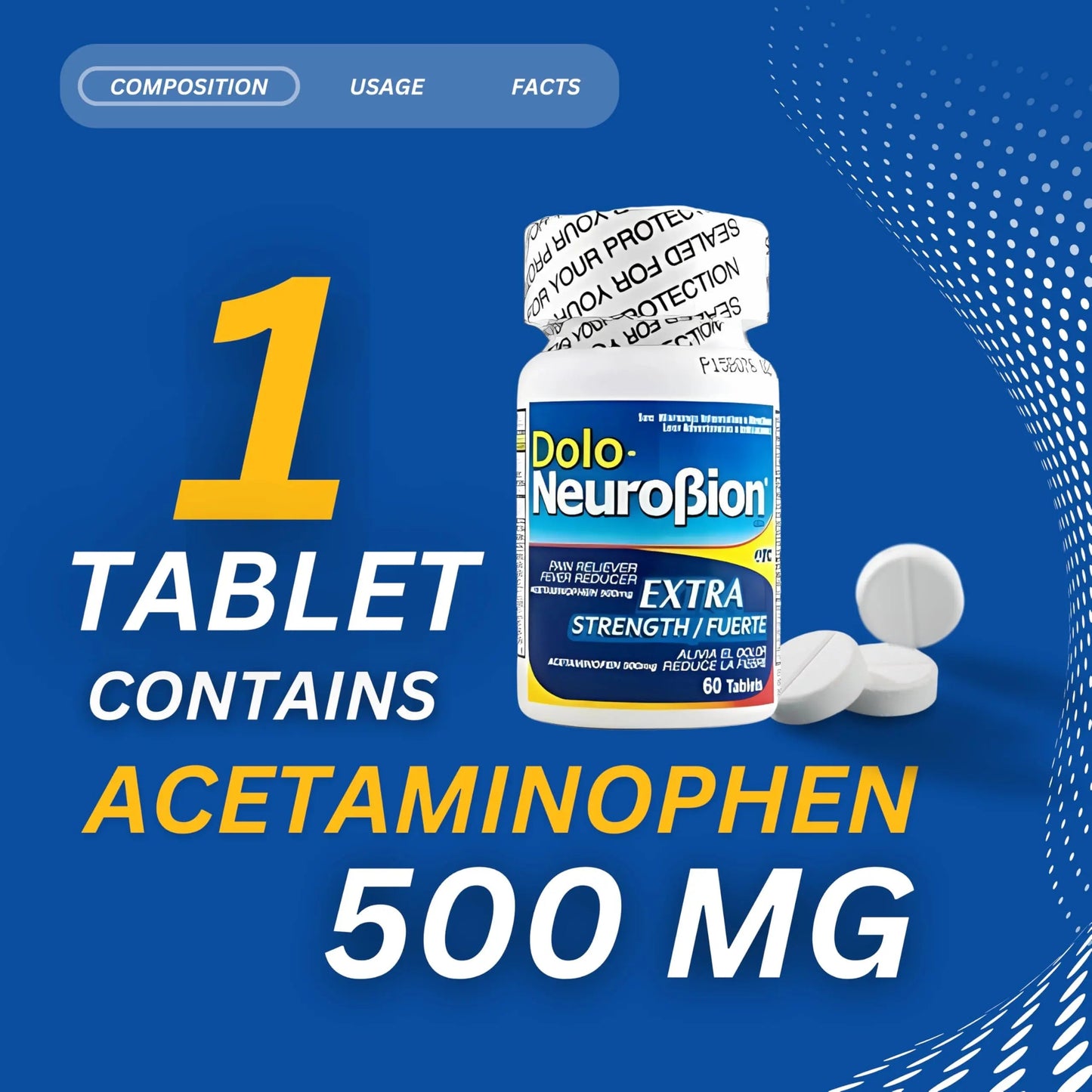 Dolo Neurobion Pain Reliever, Fever Reducer, Extra Strength. Alivia el Dolor,Reduce la Fiebre, Extra Fuerte. 60 Tablets. Acetaminophen 500 mg NeurobionBuy Supplements Australia