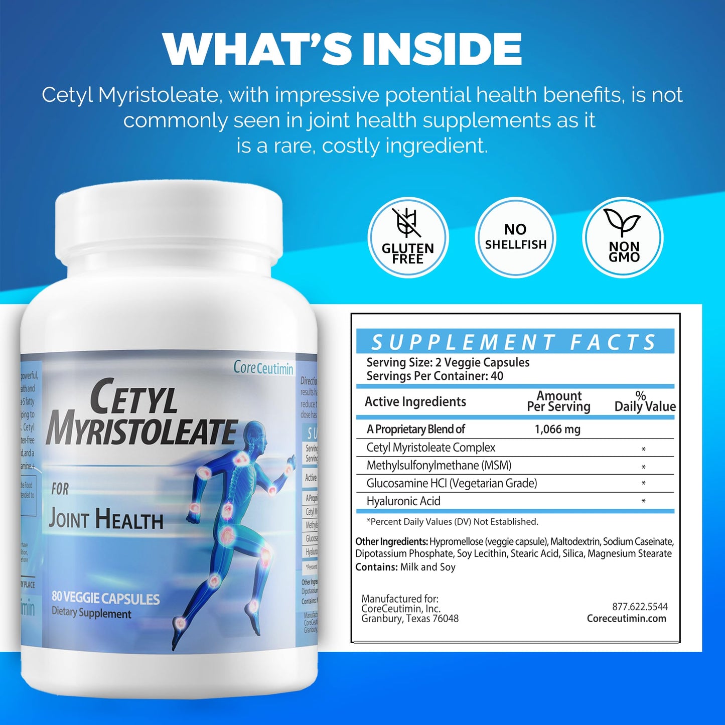 CoreCeutimin Cetyl Myristoleate - Omega 5 Fatty Acid - Ultra Support for Relief from Joint Discomfort and Stiffness - Also Includes Glucosamine, MSM & Hyaluronic Acid - 80 Capsules CoreCeutiminBuy Supplements Australia