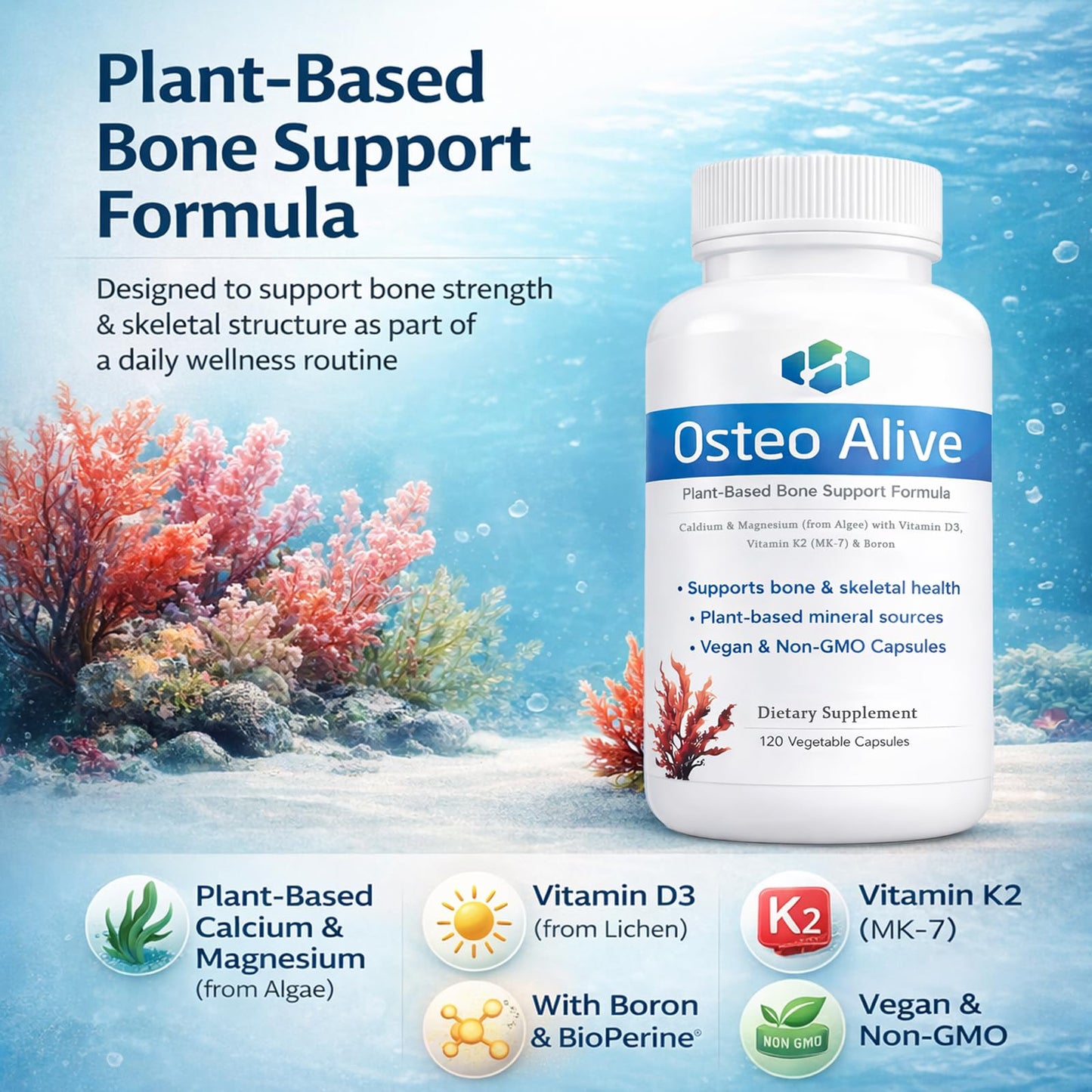 AIFBENK Osteo Alive Bone Support, with Plant-Based Calcium & Magnesium (from Algae), Vitamin D3 (from Lichen), Vitamin K2 (MK-7), Boron & BioPerine, Helps Support Bone & Skeletal Health AIFBENKBuy Supplements Australia