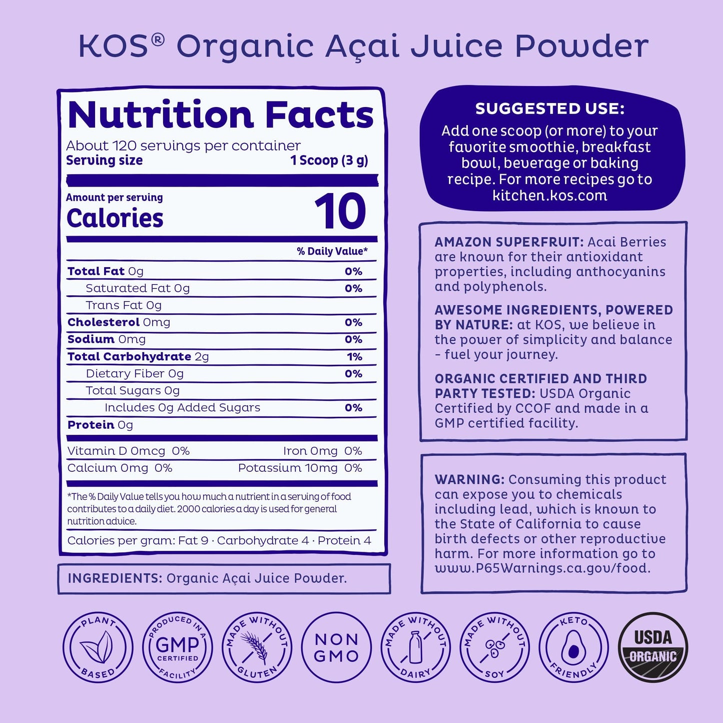 KOS Organic Acai Juice Powder - USDA Certified Organic, Plant Based Superfood Antioxidants, Superberry from Brazil, Great for Smoothies and Bowls, 0g Sugar, Vegan, Gluten-Free, Non-GMO - 120 Servings KOS buy supplements Au