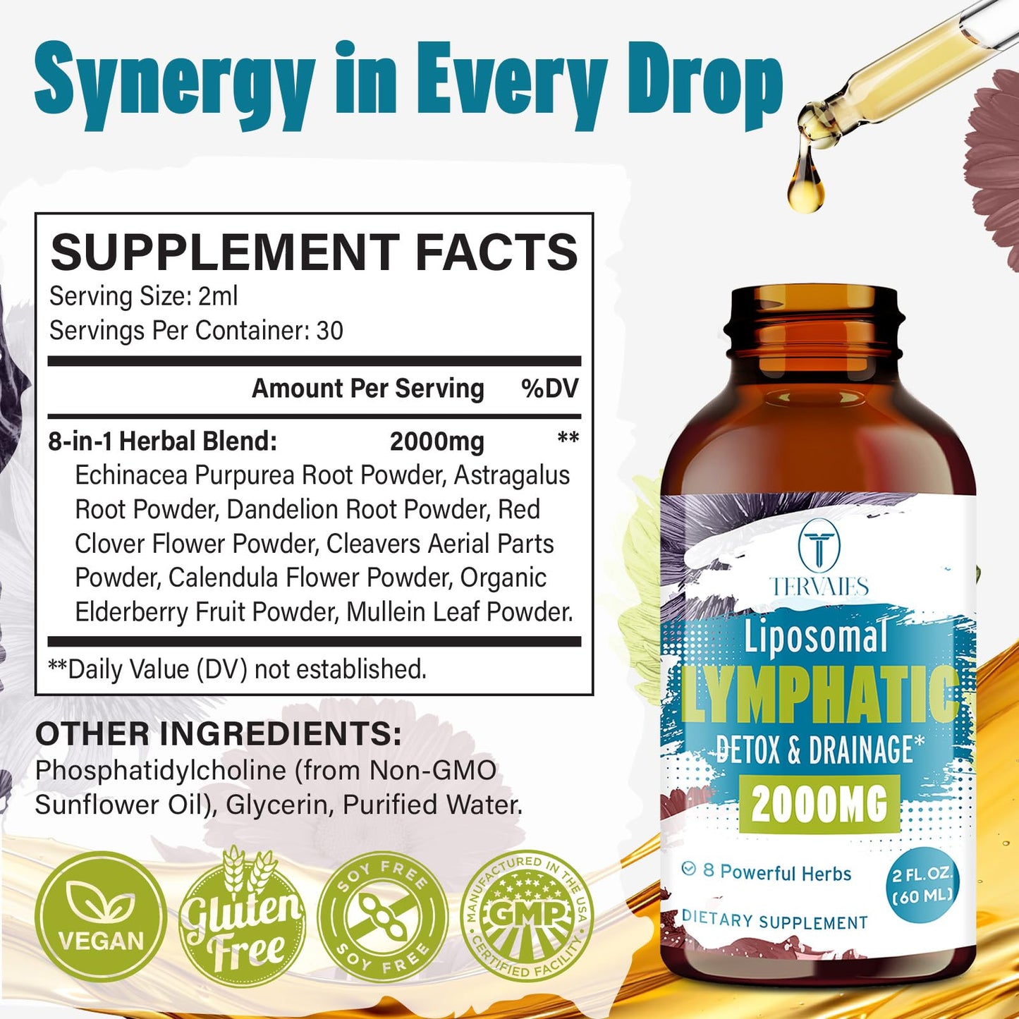 Tervaies Liposomal Lymphatic Drainage Drops 2000mg – Herbal Blend with Elderberry & Echinacea – 2 FL OZ Tervaies buy supplements Au