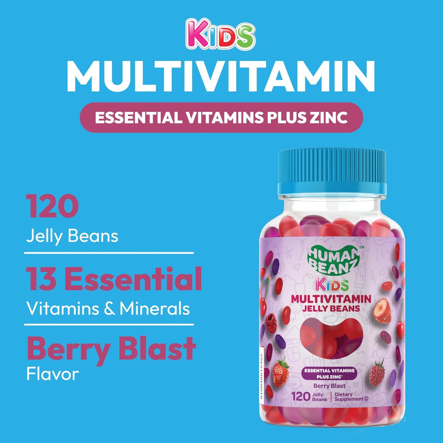 Human Beanz Multivitamin Jelly Bean Gummies with Zinc for Kids, Immune Support Dietary Supplements, Vegetarian, 120 Berry Blast Jelly Beans, Kosher Human Beanz