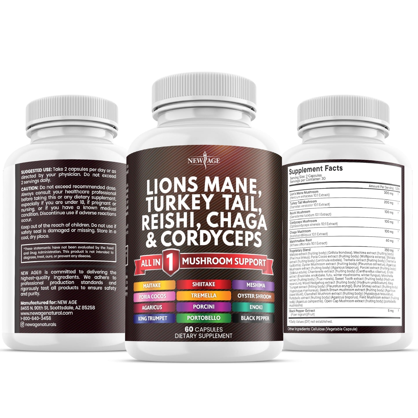 NEW AGE Lions Mane Mushroom Supplement with Turkey Tail Reishi Cordyceps Chaga with Marshmallow Root - 120 Count