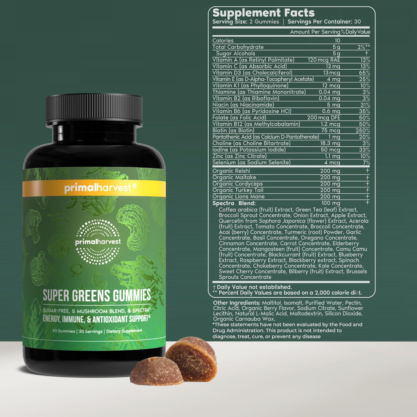 Primal Harvest Super Greens Gummies, Superfood Blend with Adaptogenic Mushrooms Vitamins & Nutrient-Rich Minerals & Antioxidants for Energy & Immune Support 1 Pack 60 Count, Primal HarvestBuy Supplements Australia