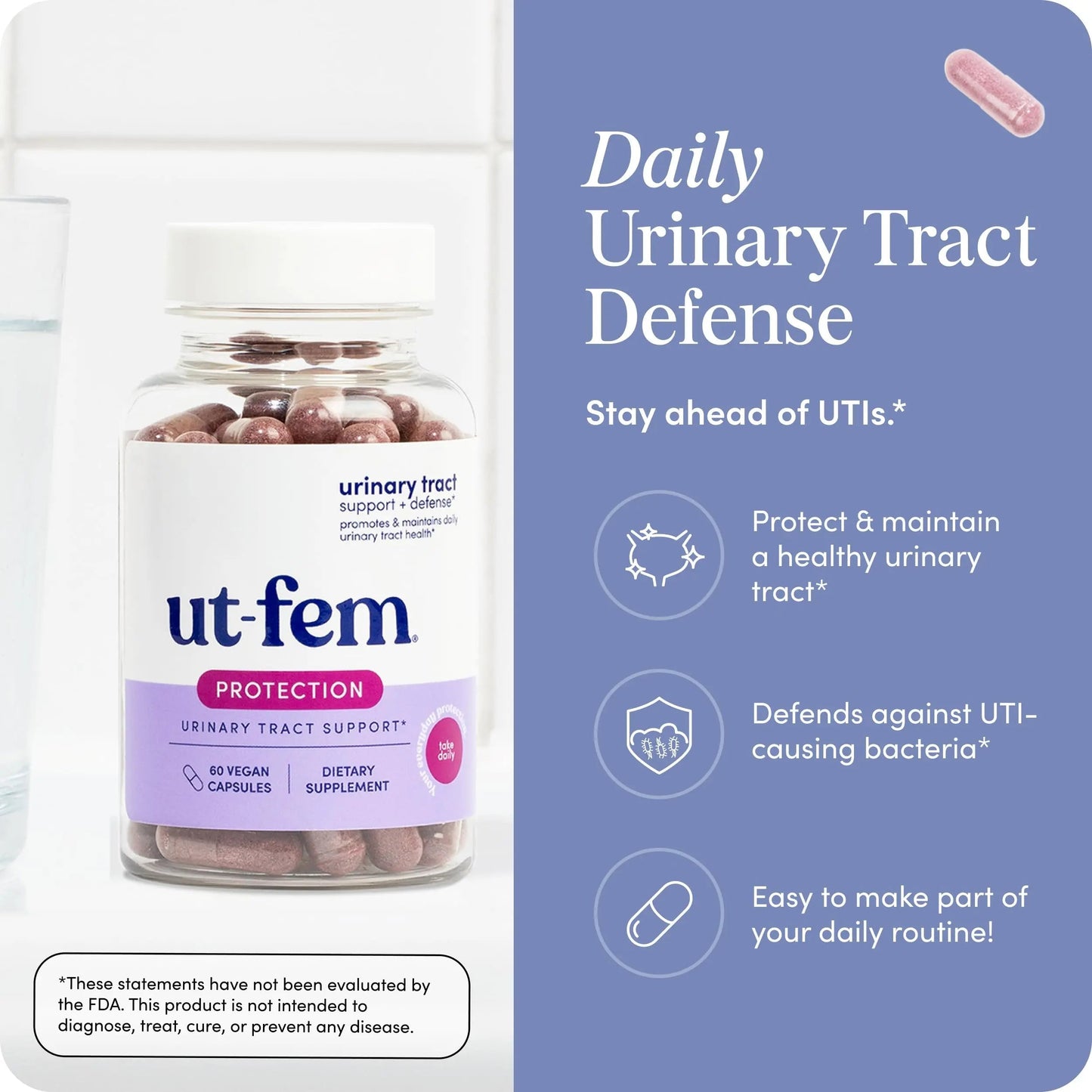 UT-Fem Protection - Urinary Tract Defense for Women, 3-in-1 Daily Defense Formula to Protect Urinary Tract Health, D-Mannose, Cranberry + Hibiscus, Natural Supplement - 60 Vegan Capsules UT-FemBuy Supplements Australia