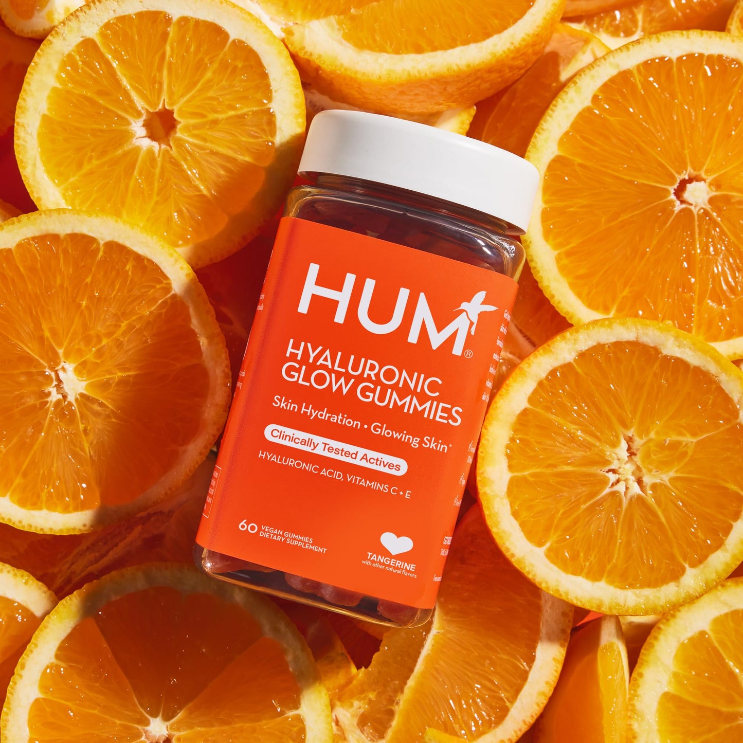 HUM Hyaluronic Glow Hydrating Skin Care Supplement, with Low Molecular Hyaluronic Acid, Vitamin C from Amla Fruit, and Vitamin E, Antioxidant Support for Skin Hydration, Tangerine, 60 Vegan Gummies HUM buy supplements Au
