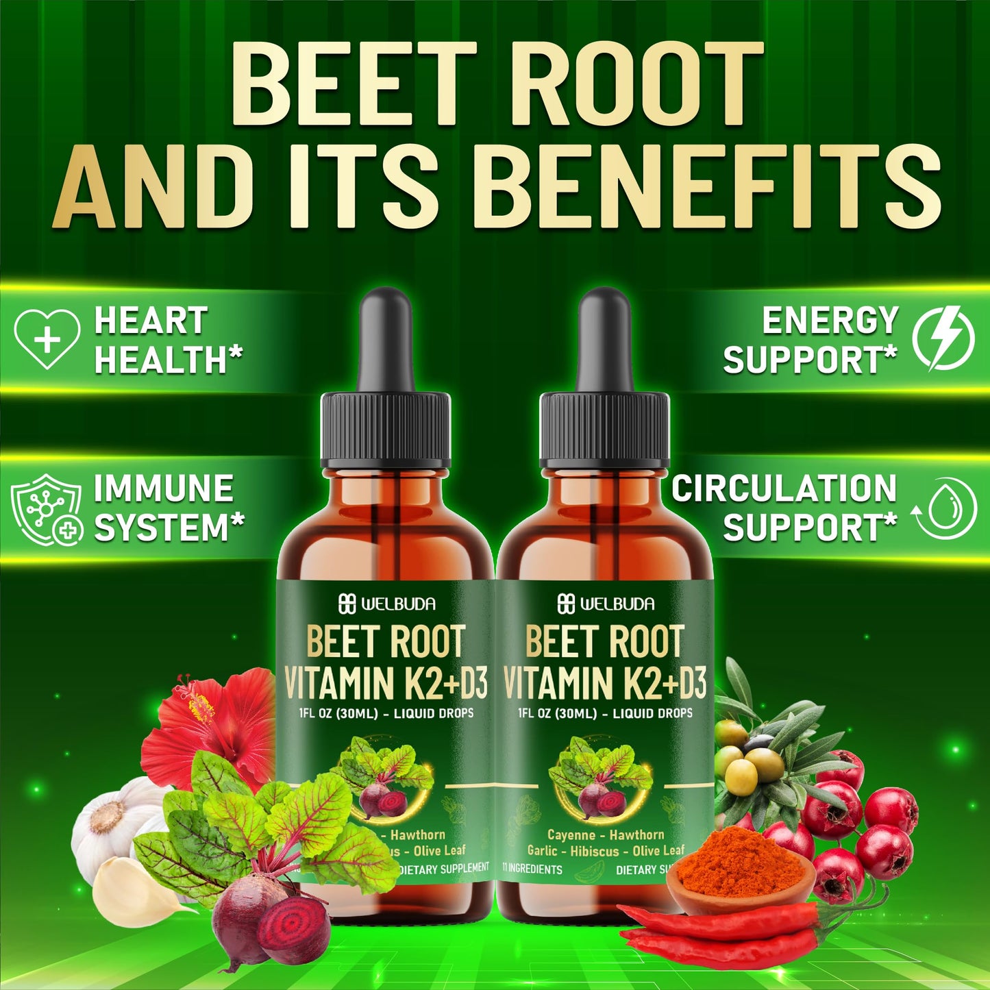 11in1 Beet Root Liquid Supplement - for Support Immune, Energy - with Vitamin D3, Vitamin K2, Hawthorn Berry, Cayenne Pepper, Garlic, Hibiscus, Olive, Red Spinach, Green Tea - 1 FL Oz - 30 Servings WELBUDABuy Supplements Australia