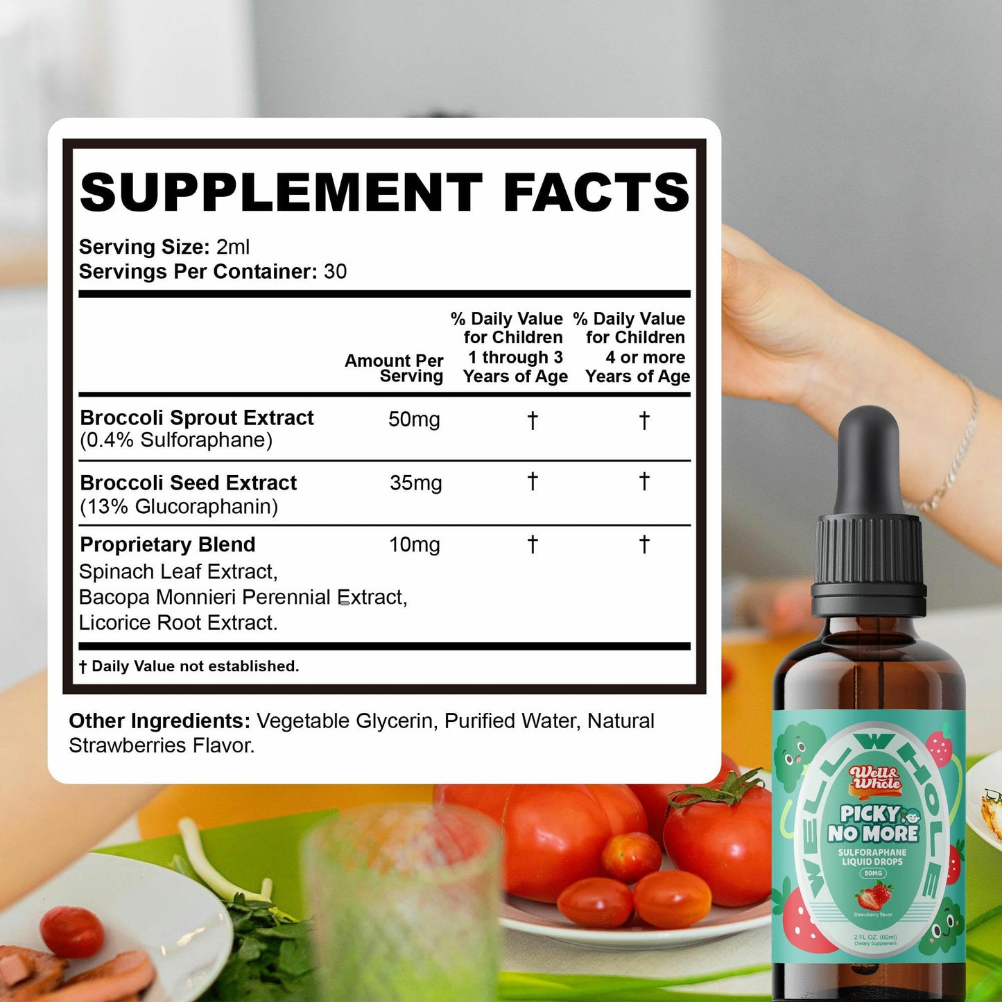 Well&Whole Sulforaphane Kids Liquid Supplement – Pick No More Broccoli Sprout Extract Drops, Hidden Greens for Picky Eaters, Daily Nutrition Support, Sugar-Free, Vegan, 60mL Well&WholeBuy Supplements Australia