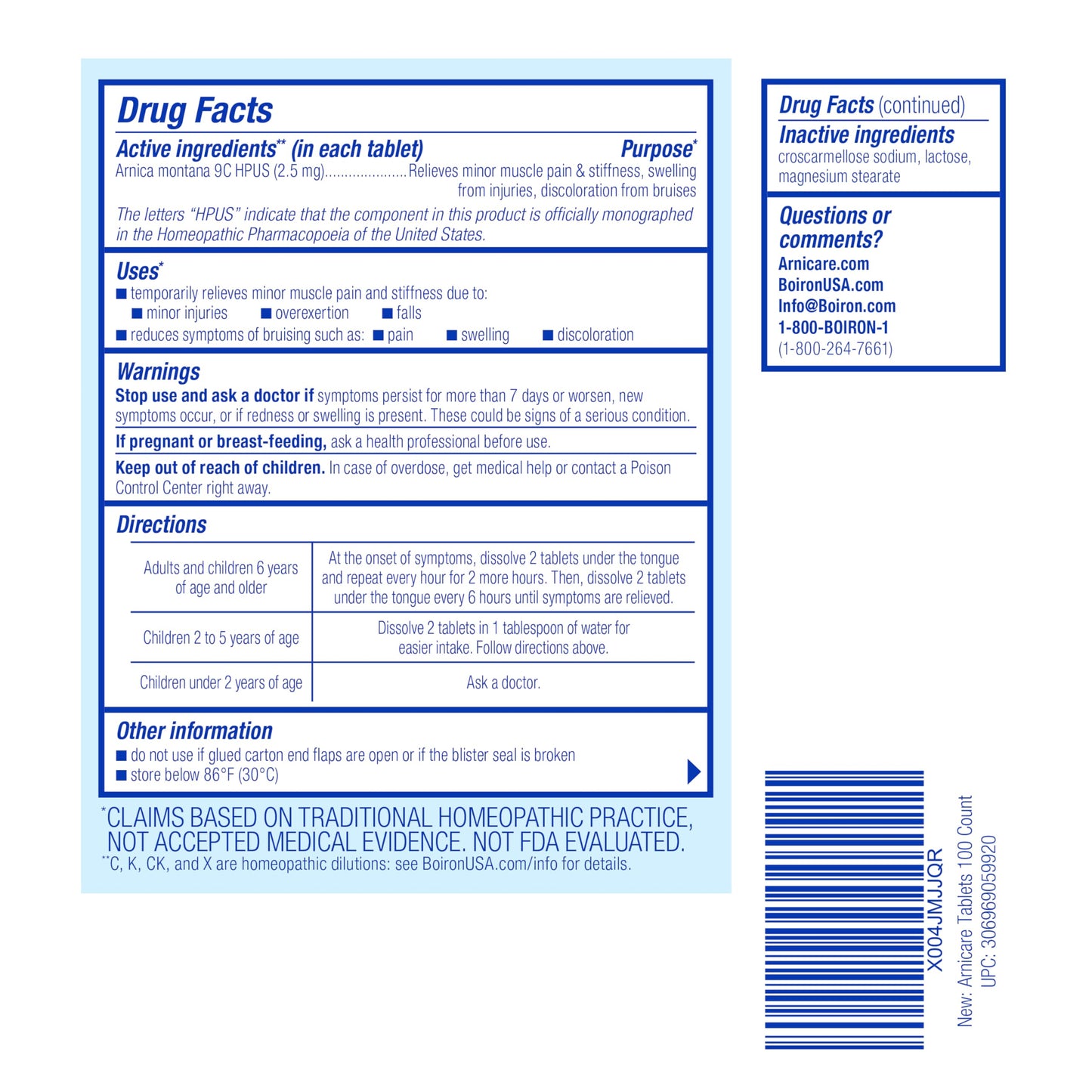 Boiron Arnicare Tablets - 100 Count for Pain Relief from Muscle Pain, Joint Soreness, Swelling from Injury or Bruises - Arnica Meltaway Tabs BoironBuy Supplements Australia