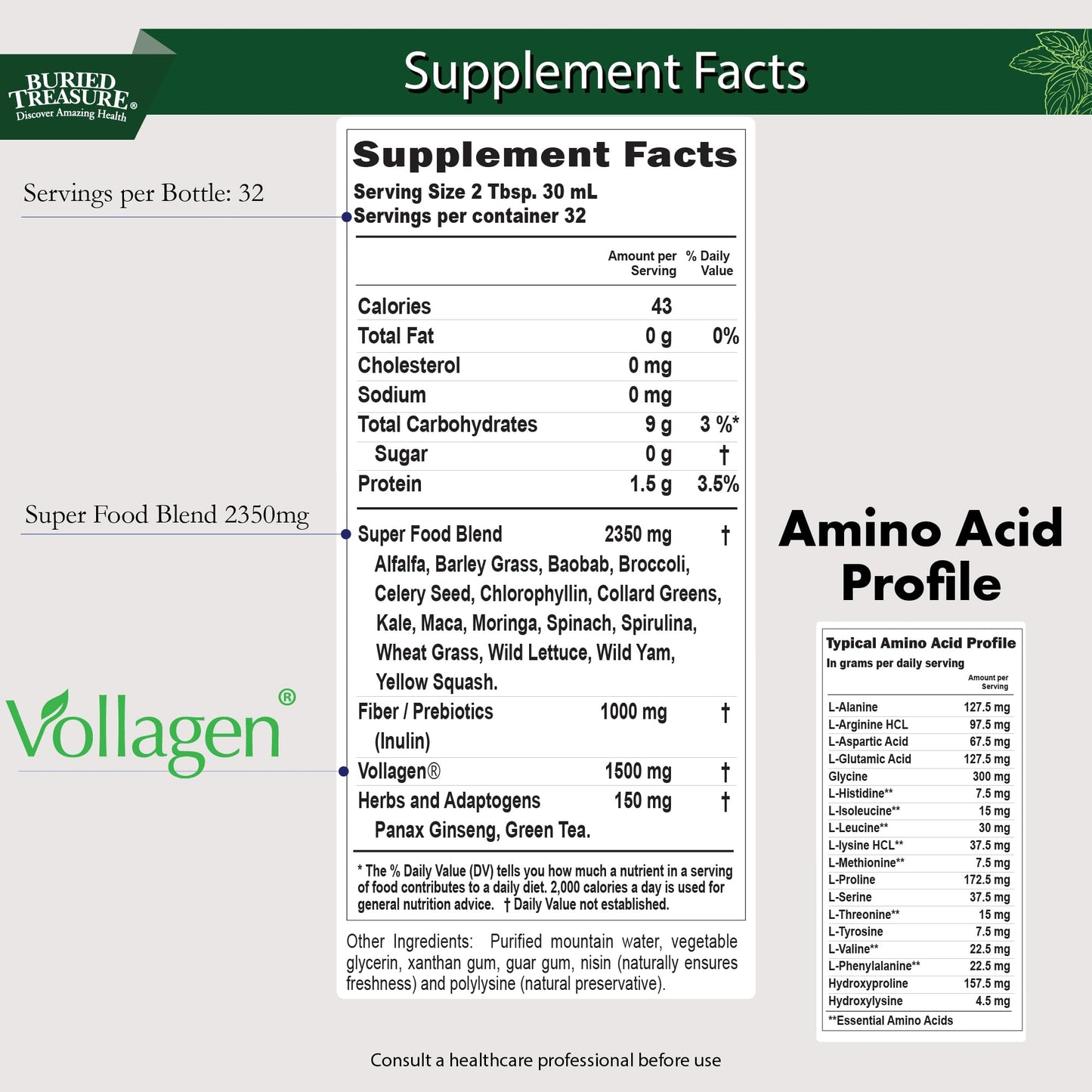 Buried Treasure Green20 Fusion – Superfood Blend with Vollagen for Skin, Hair, and Joint Support, Plant-Based, Vegan, Non-GMO Gluten-Free, Dairy-Free, Soy-Free, 32oz Liquid Buried TreasureBuy Supplements Australia