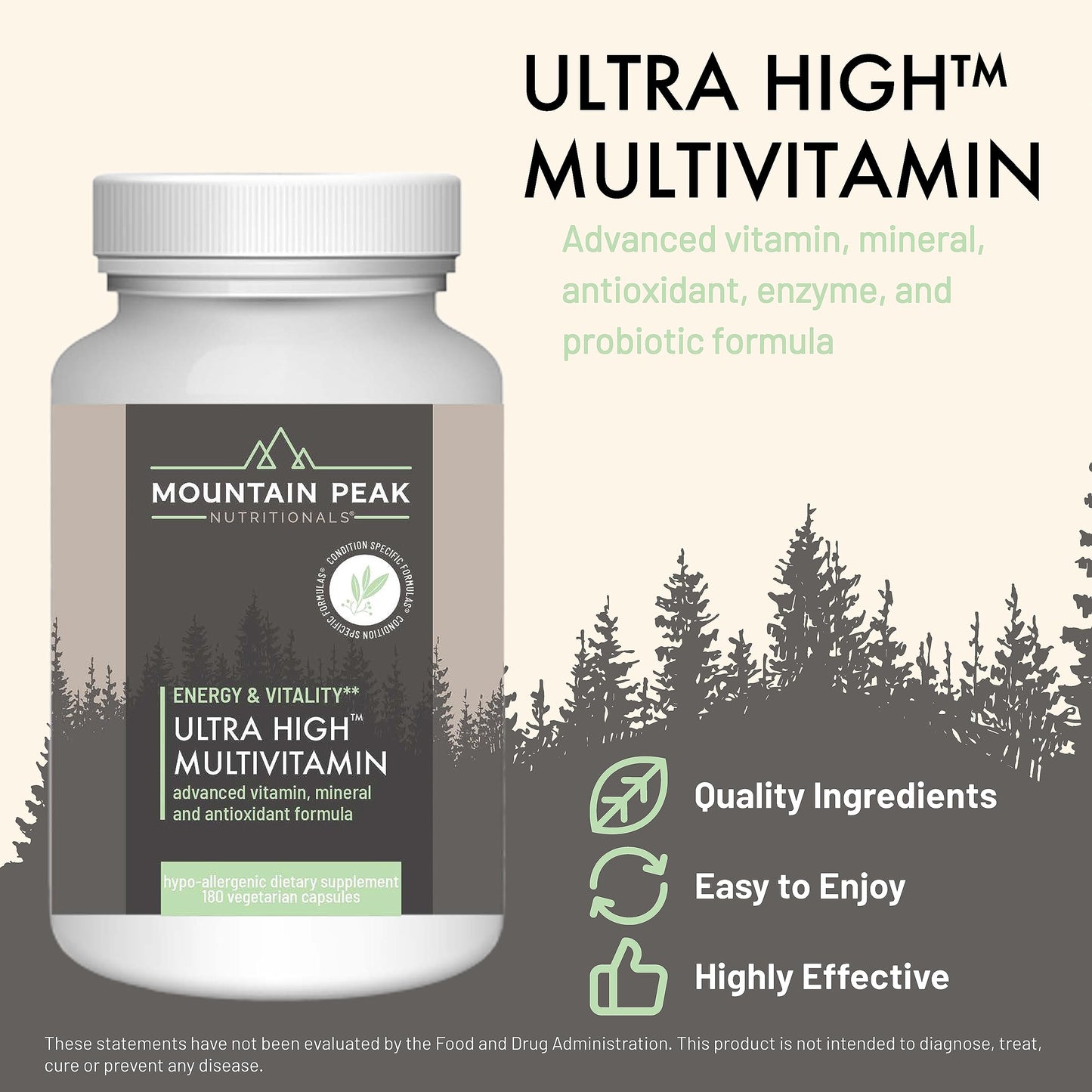 Mountain Peak Nutritionals Ultra High Multivitamin for Men & Women - with Vitamins A, B12, B6, C, D, E, Magnesium, Zinc, Folic Acid, Digestive Enzymes & Probiotics (180 Vegetarian Capsules) Mountain Peak NutritionalsBuy Supplements Australia